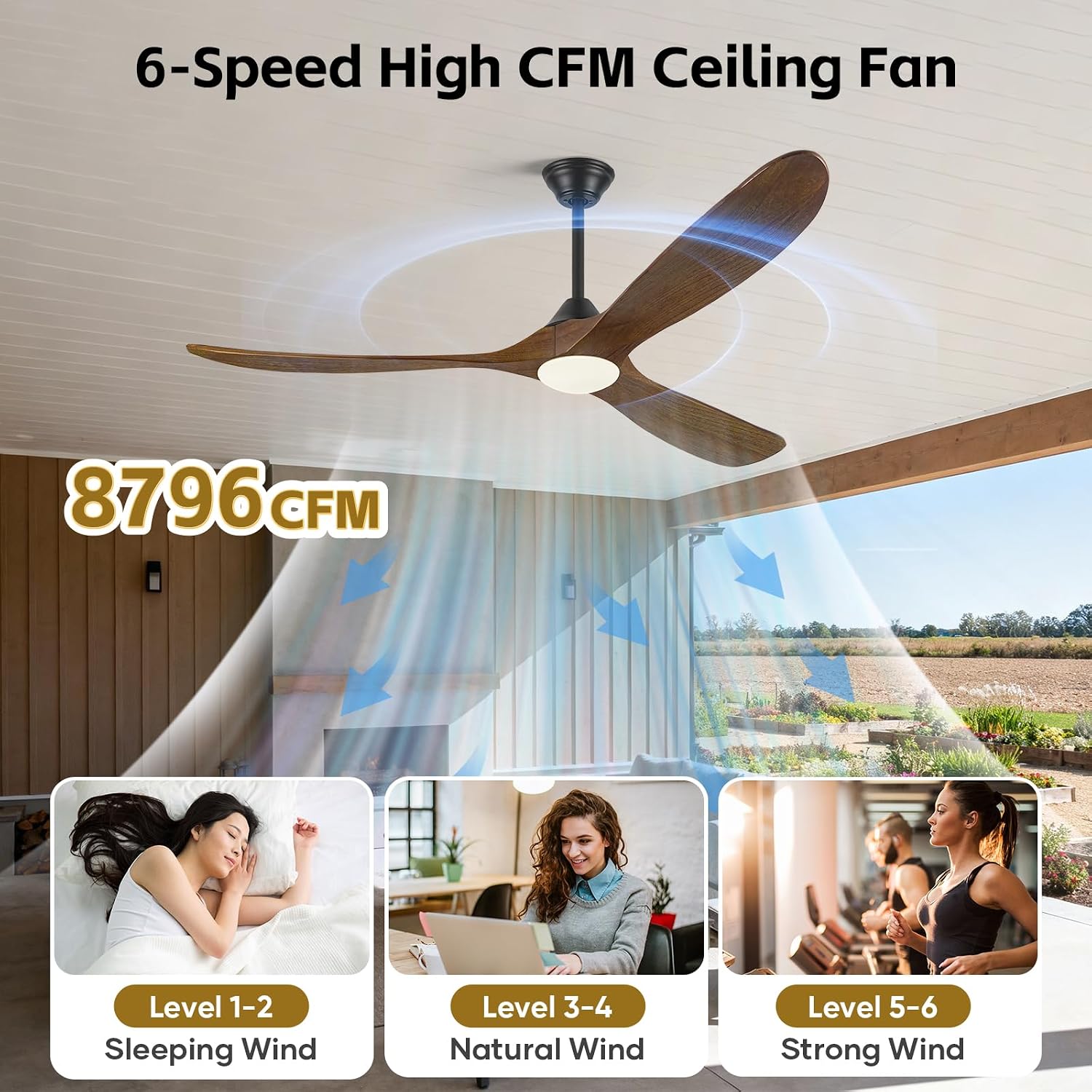 60'' Modern Wood Ceiling Fans with Light Remote, 3 Blades Smart Ceiling Fan Alexa/APP Control, Outdoor Indoor Reversible Quiet DC Fan Dimmable for Patios Living room, Brown Propeller Farmhouse