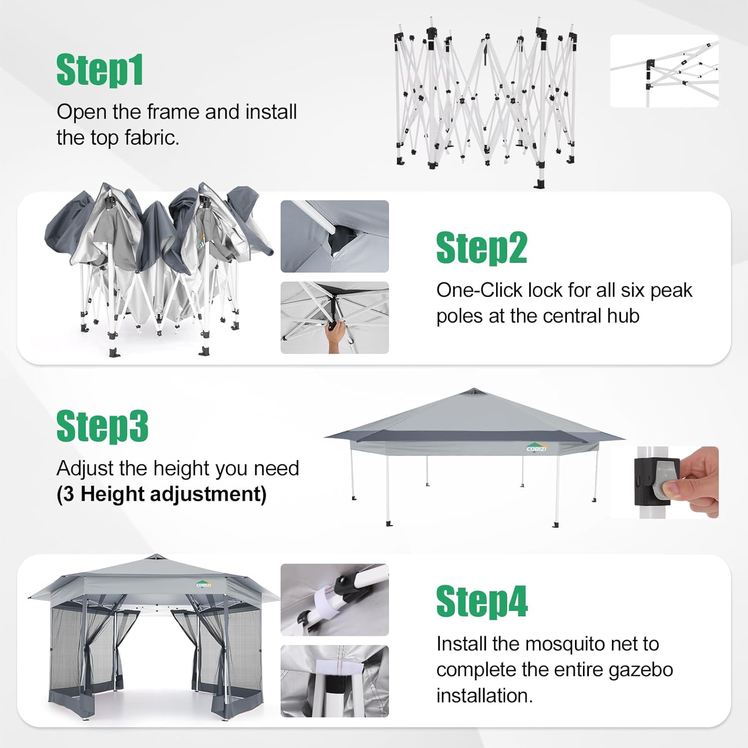 COBIZI 14x14 Pop Up Gazebo Tent with Mosquito Netting, Gazebos on Clearance, Hexagonal Outdoor Canopy Shelter, Patented Center Lock 6-Sided Portable Gazebos, Pop Up Canopy Tent for Backyard, White