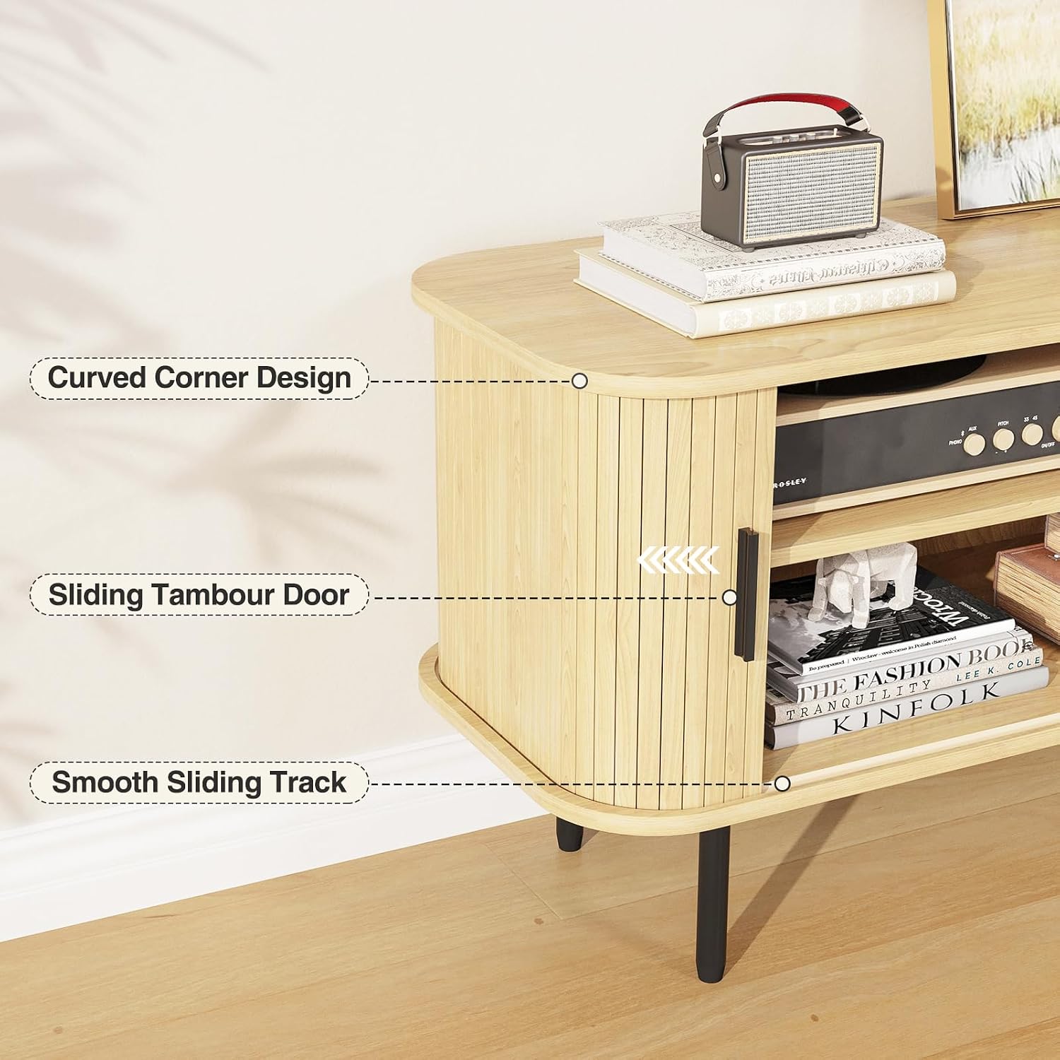 FiveWillowise 63' Natural Fluted TV Stand for TVs up to 75 Inch, Gaming Entertainment Center with Tambour Slatted Sliding Doors and Storage Cabinet, Media TV Consoles Table for Living Room, Office