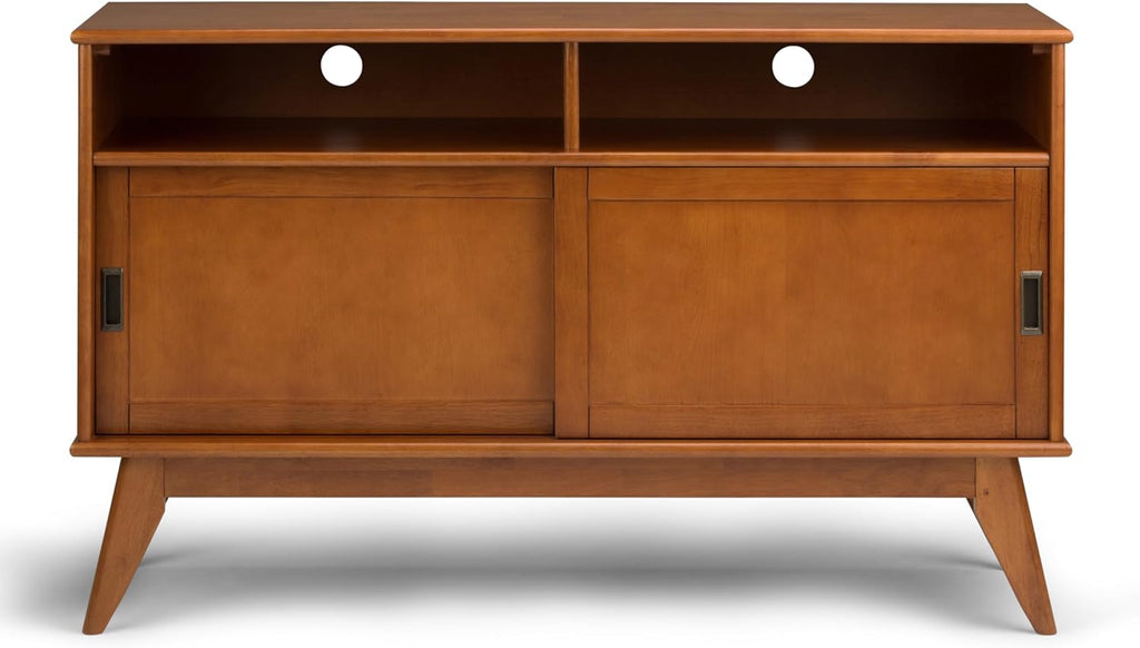 SIMPLIHOME Draper TV Stand - 54 inch Wide Solid Wood Tall Media Console in Teak Brown, Mid Century Modern Entertainment Center for Living Room for TVs up to 60 Inches with Shelves and Cable Management