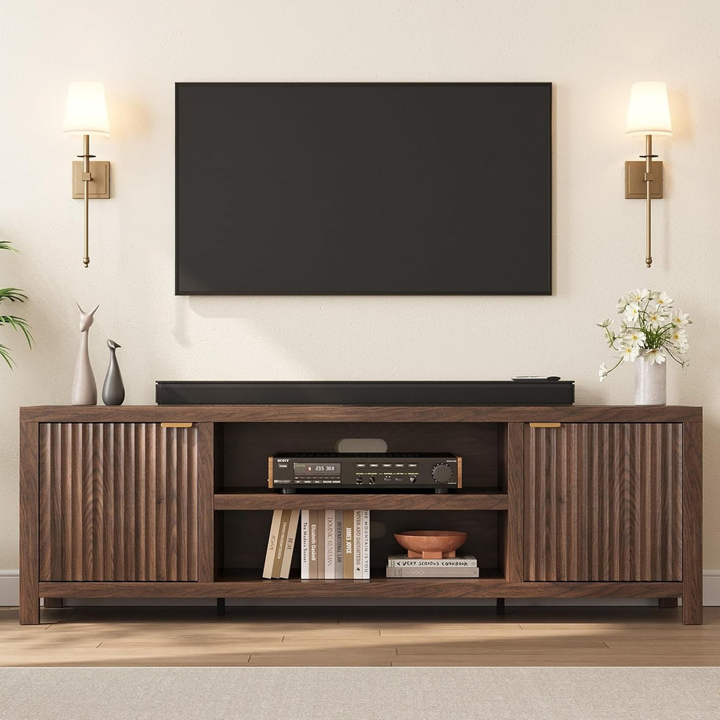 IDEALHOUSE Fluted TV Stand for 75+ Inch, Modern Entertainment Center with 2-Tier Storage & Adjustable Shelves, Media Console Cabinet with 2 Fluted Doors and Gold Handle for Living Room Bedroom, Walnut