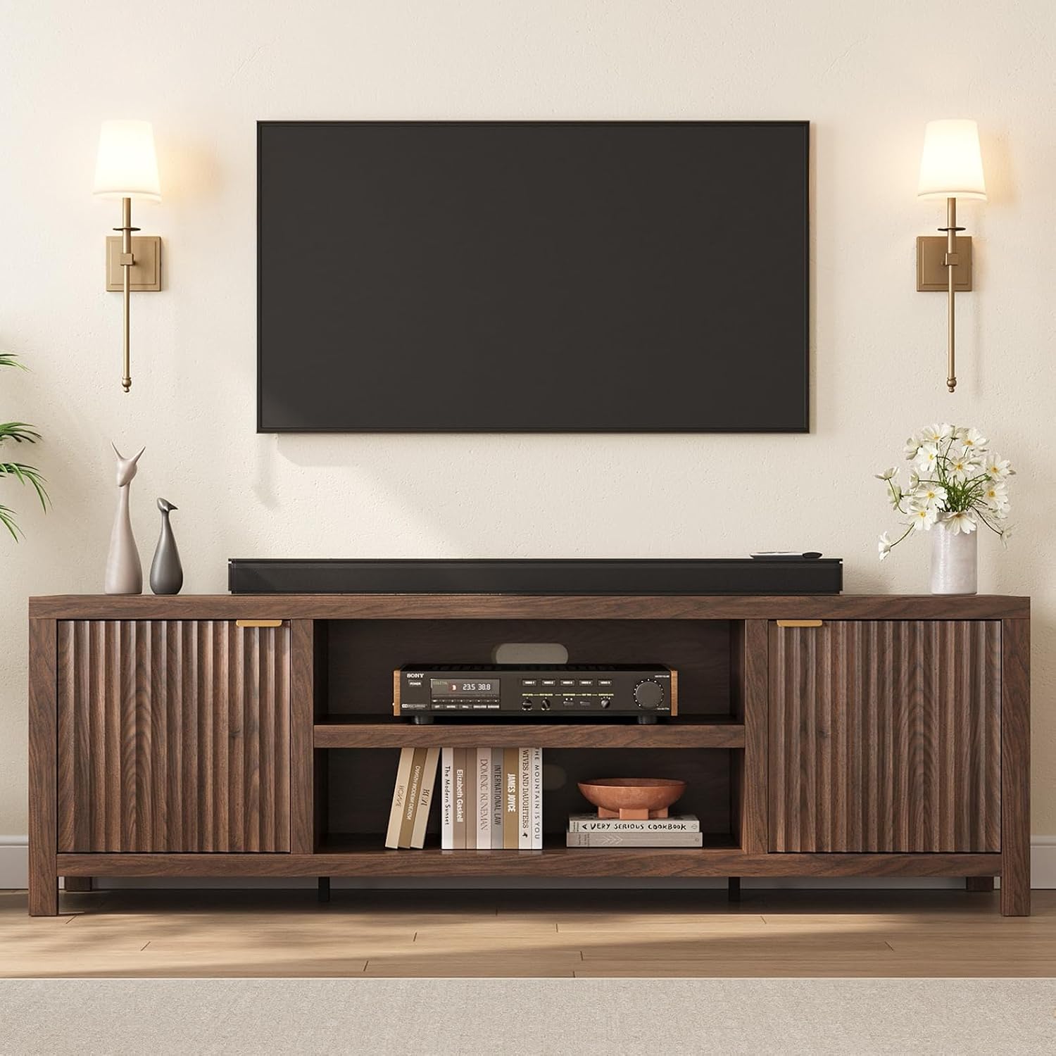 IDEALHOUSE Fluted TV Stand for 75+ Inch, Modern Entertainment Center with 2-Tier Storage & Adjustable Shelves, Media Console Cabinet with 2 Fluted Doors and Gold Handle for Living Room Bedroom, Walnut
