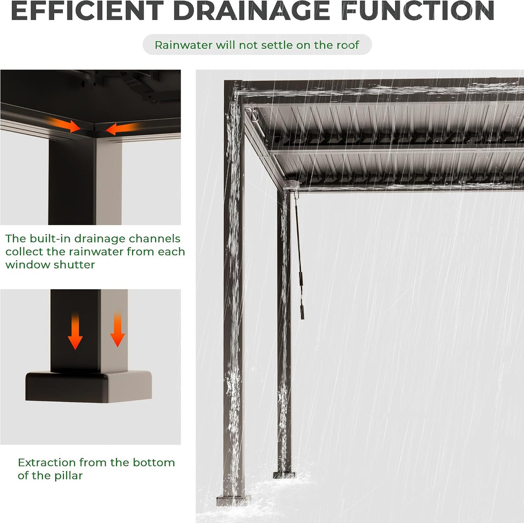 10×10 FT Aluminum Louvered Pergola, Outdoor Metal Pergola with Adjustable Waterproof Louvered Roof, Outdoor Gazebo with Curtains & Nets for Patio, Backyard, Garden (Grey)
