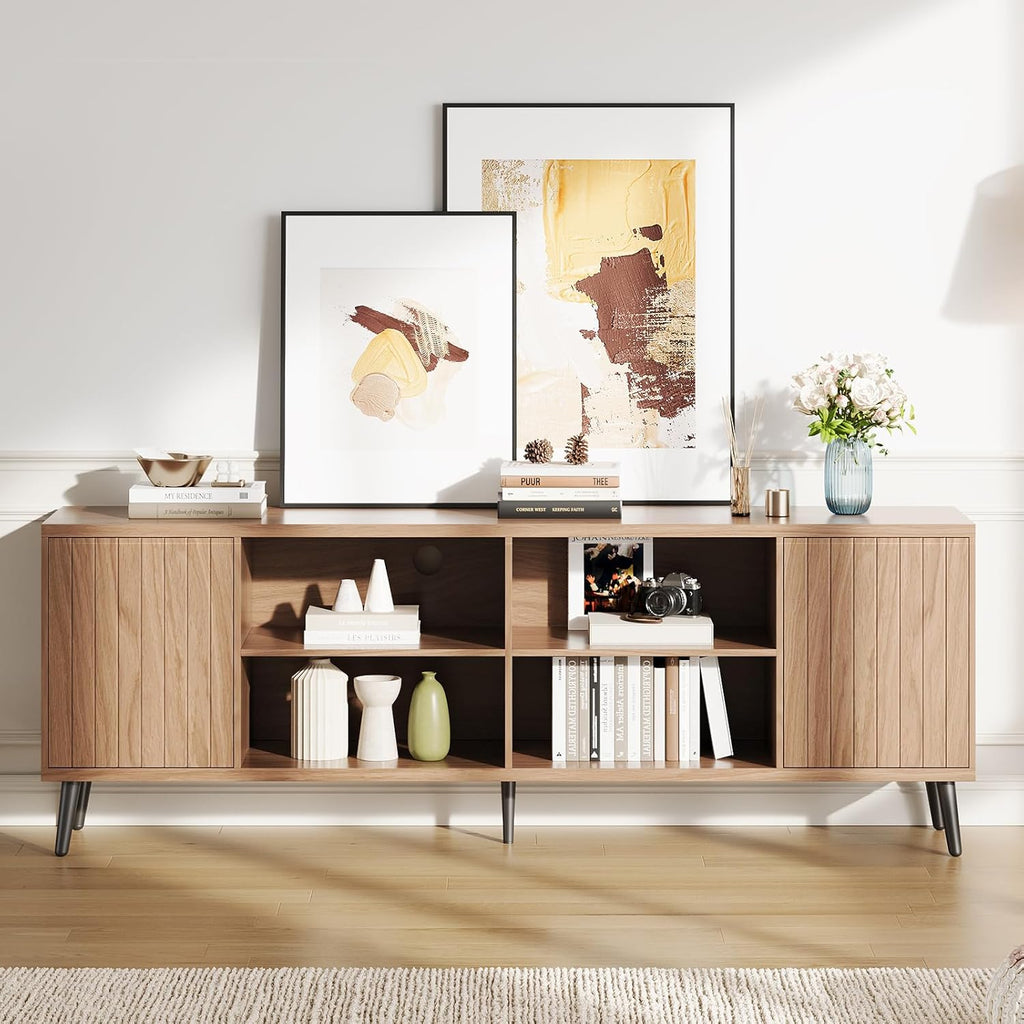 70' Fluted TV Stand for Living Room , Mid Century Modern Television Stand with Open Storage Shelves for Up to 75 Inch TVs, Entertainment Center Media Console TV Cabinet with Adjustable Shelves