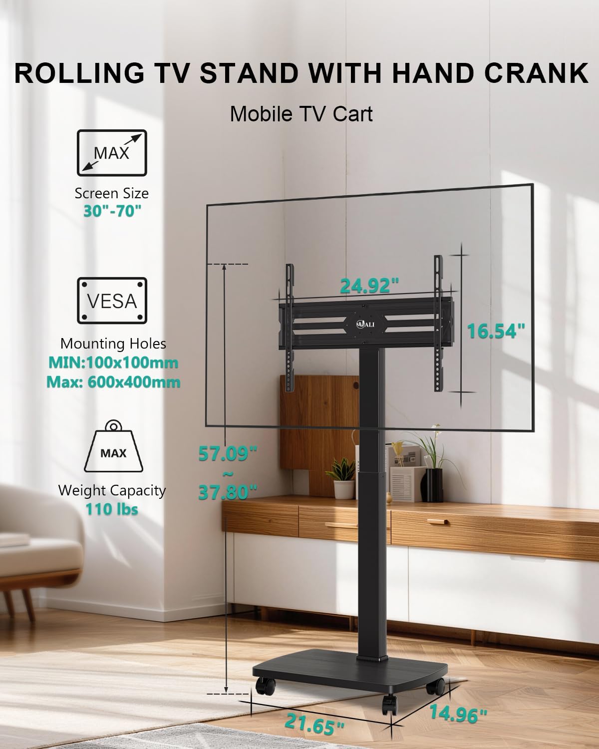 WALI Rolling TV Stand with Hand Crank Lift, Mobile Tall Television Stand Mount on Wheels for 30-70' TVs up to 110 lbs, Swivel Height Adjustable TV Cart with Wood Base for Bedroom(TVDVD-7MR), Black