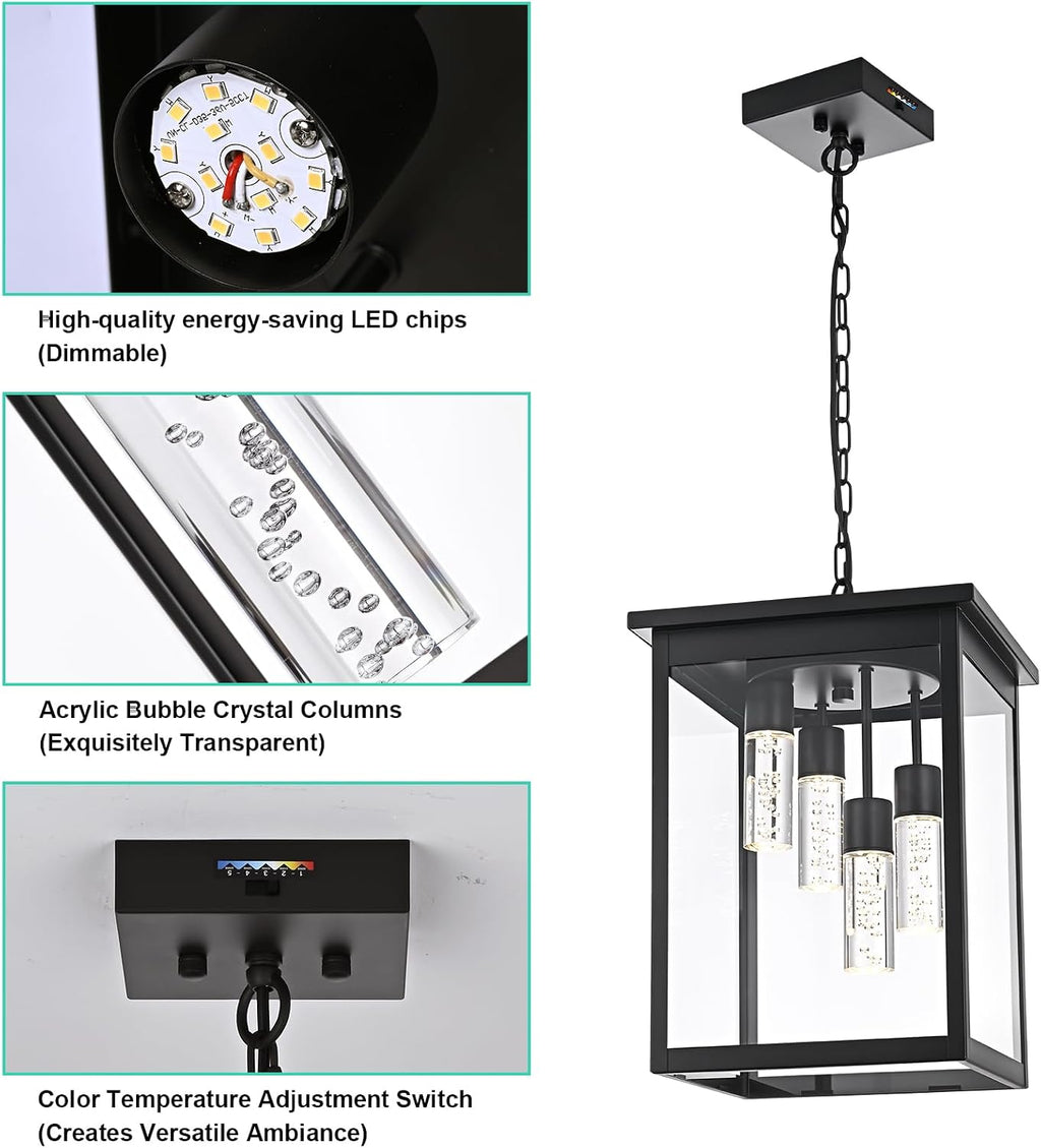 Yaohong 16.7' Large 5CCT LED Outdoor Pendant Light, 4-Lights Modern Black Hanging Ceiling Fixture with Acrylic Column & Clear Glass, Weatherproof Chandelier for Porch Gazebo Patio Entryway
