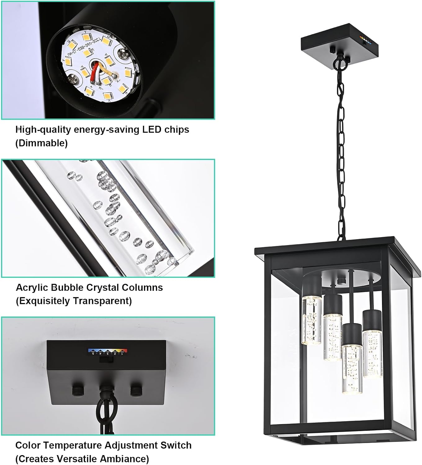 Yaohong 16.7' Large 5CCT LED Outdoor Pendant Light, 4-Lights Modern Black Hanging Ceiling Fixture with Acrylic Column & Clear Glass, Weatherproof Chandelier for Porch Gazebo Patio Entryway