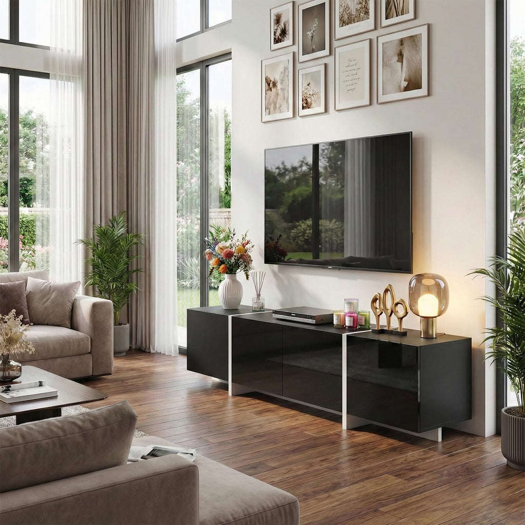 holzart 67' Modern Black TV Stand up to 70 Inch TV, Media Console with High Gloss Doors & Scratch-Resistant Matte Top, Entertainment Center with Cable Management & Storage Cabinet for Living Room