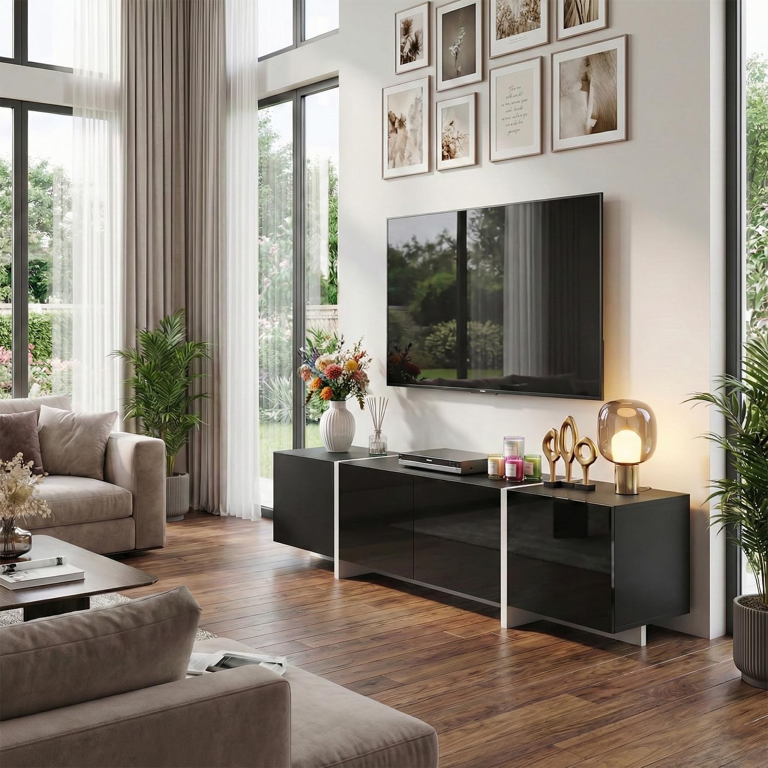 holzart 67' Modern Black TV Stand up to 70 Inch TV, Media Console with High Gloss Doors & Scratch-Resistant Matte Top, Entertainment Center with Cable Management & Storage Cabinet for Living Room