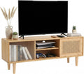 Welnow Rattan TV Stand for Up to 55 Inch, Mid Century Modern Bamboo Entertainment Center with 2 Cabinets & Adjustable Shelf, Storage Media Console Table for Living Room, Bedroom, Natural