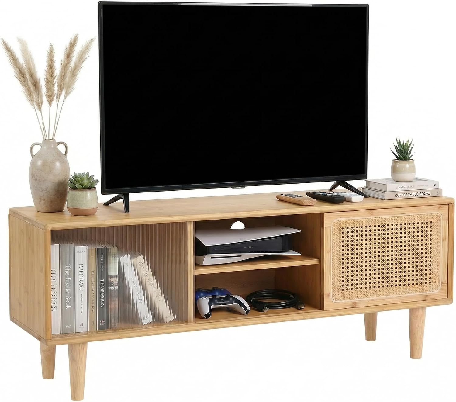 Welnow Rattan TV Stand for Up to 55 Inch, Mid Century Modern Bamboo Entertainment Center with 2 Cabinets & Adjustable Shelf, Storage Media Console Table for Living Room, Bedroom, Natural