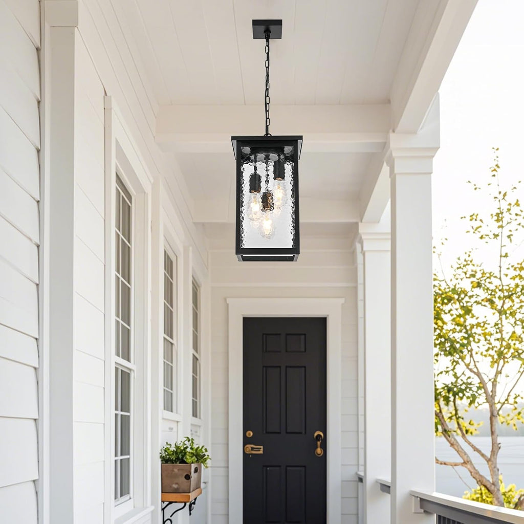 17'' Large Outdoor Pendant Lights for Porch, 3-Lights Matte Black Exterior Hanging Lantern with Hammer Glass, Outdoor Chandelier Ceiling Light Fixture for Patio, Gazebo, Entryway