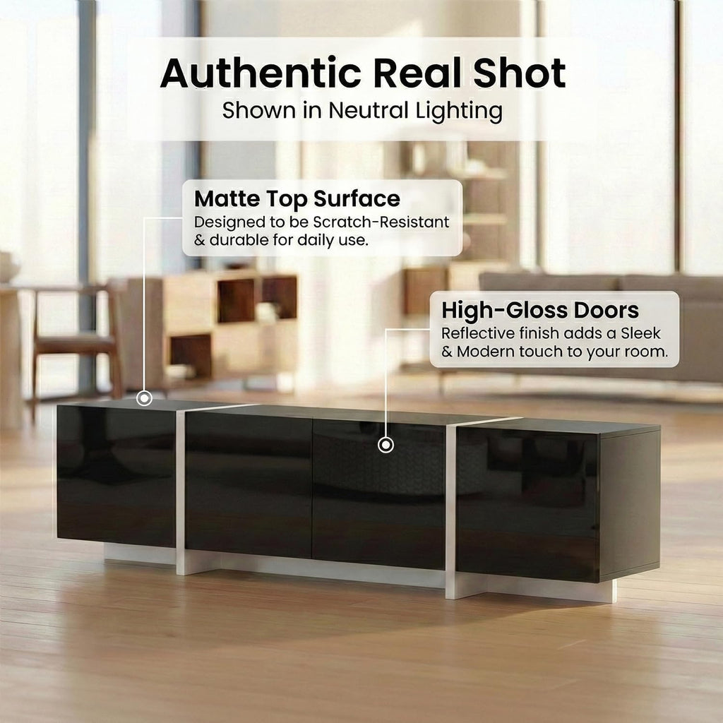 holzart 67' Modern Black TV Stand up to 70 Inch TV, Media Console with High Gloss Doors & Scratch-Resistant Matte Top, Entertainment Center with Cable Management & Storage Cabinet for Living Room
