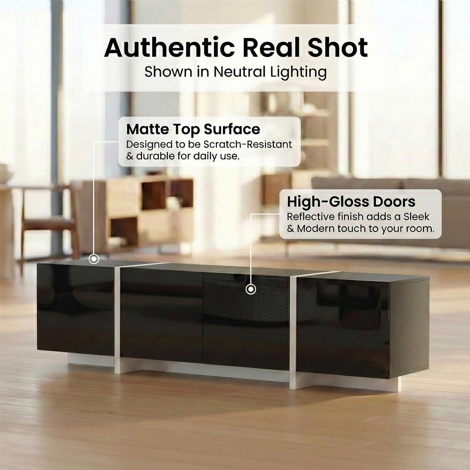 holzart 67' Modern Black TV Stand up to 70 Inch TV, Media Console with High Gloss Doors & Scratch-Resistant Matte Top, Entertainment Center with Cable Management & Storage Cabinet for Living Room