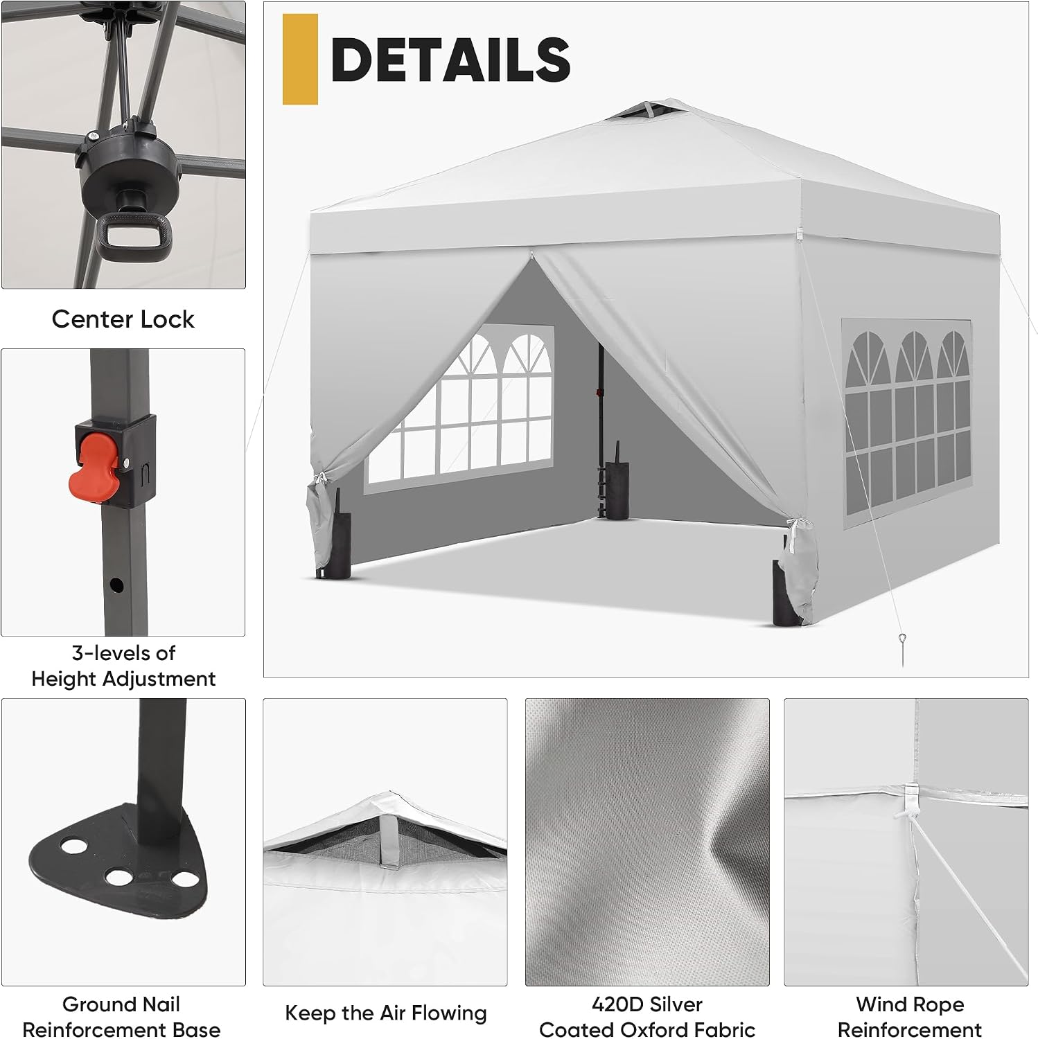 GDY 12x12 Pop Up Canopy Tent with 4 Sidewalls, Easy Set up with One Push Lift Gazebo with Wheel Bag and4 Sandbags,Carpas for Events, Parties,Camping, White.