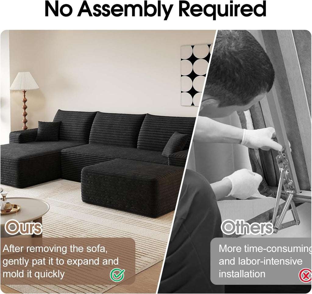 107' Comfy U-Shaped Sectional Modern Boneless Corduroy Couch with Chaise ‌and Ottoman‌ - No Assembly Required! Deep-Seat, Upholstered Modular Cloud Sofa for Living Room, Plush Corduroy Fabric(Black)