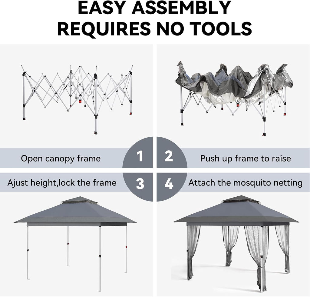 GarveeLife 12 ft x12 ft Gazebo Outdoor Pop up Canopy Tent with Curtains and 144 Square Shelter for Patio,Backyard Party, with Mosquito Netting, 2-Tiered Vented Top (Gray)