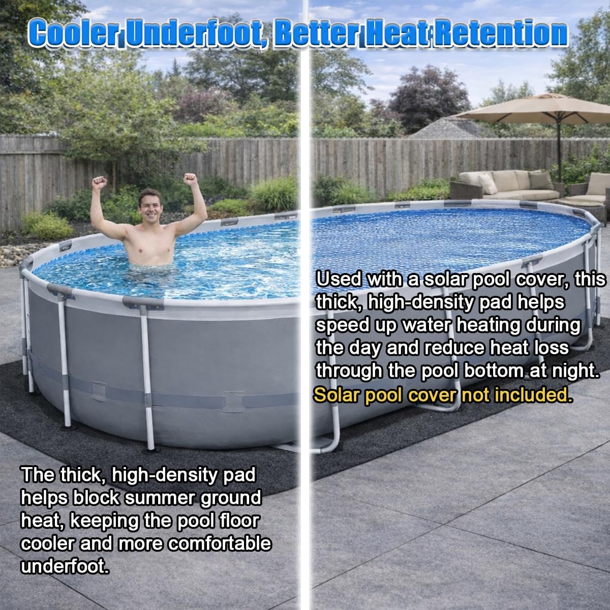 Pool Liner Pad for Above Ground Pools, 12'x 24' Rectangular Extra-Thick Pool Mat, Seamless Comfort Underfoot, Puncture-Resistant Industrial-Grade Black Synthetic Fiber Pad