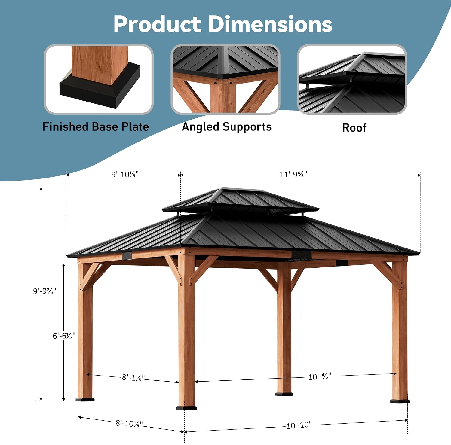 Big Leaf Wood Gazebo 10'x12', Cedar Frame Hardtop Gazebo with Double Galvanized Steel Roof & Grill Shelter, Sturdy Hook Design for Outdoor Patio, Deck, Garden and Backyard