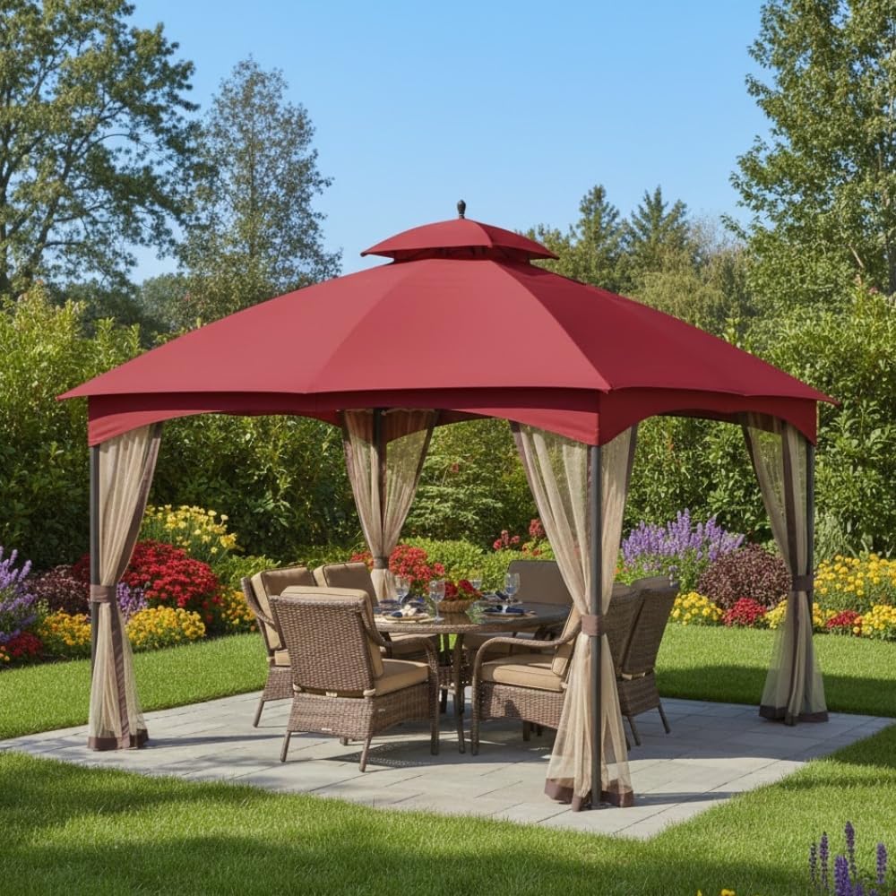 Garden Winds Reinforced RipLock 350 Replacement Canopy Top Cover Compatible with Massillon Biscayne 10' x 12' Gazebo Model L-GZ933PST - Cinnabar