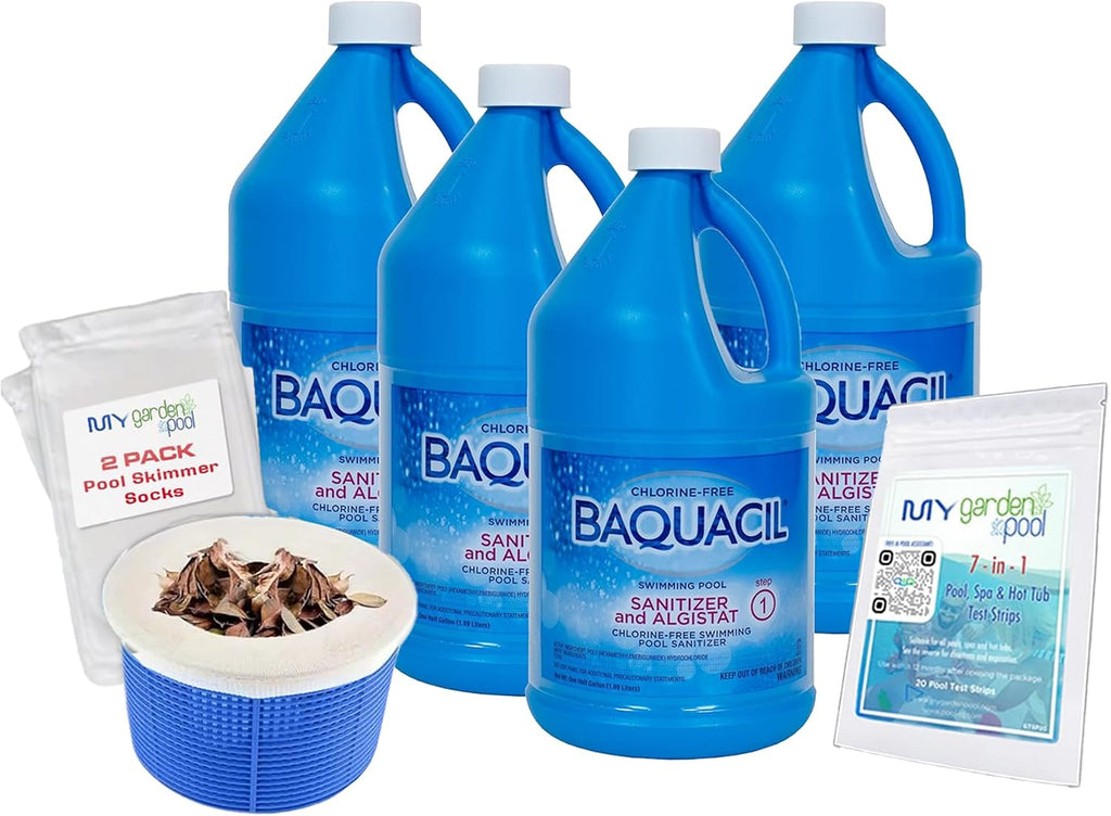 BAQUACIL Swimming Pool Sanitizer and Algistat 64 fl oz Chlorine-Free Sanitizer with Algae Control Gentle on Skin Includes My Garden Pool 2 Scum Socks & 7-1 Test Strips 4 Pack