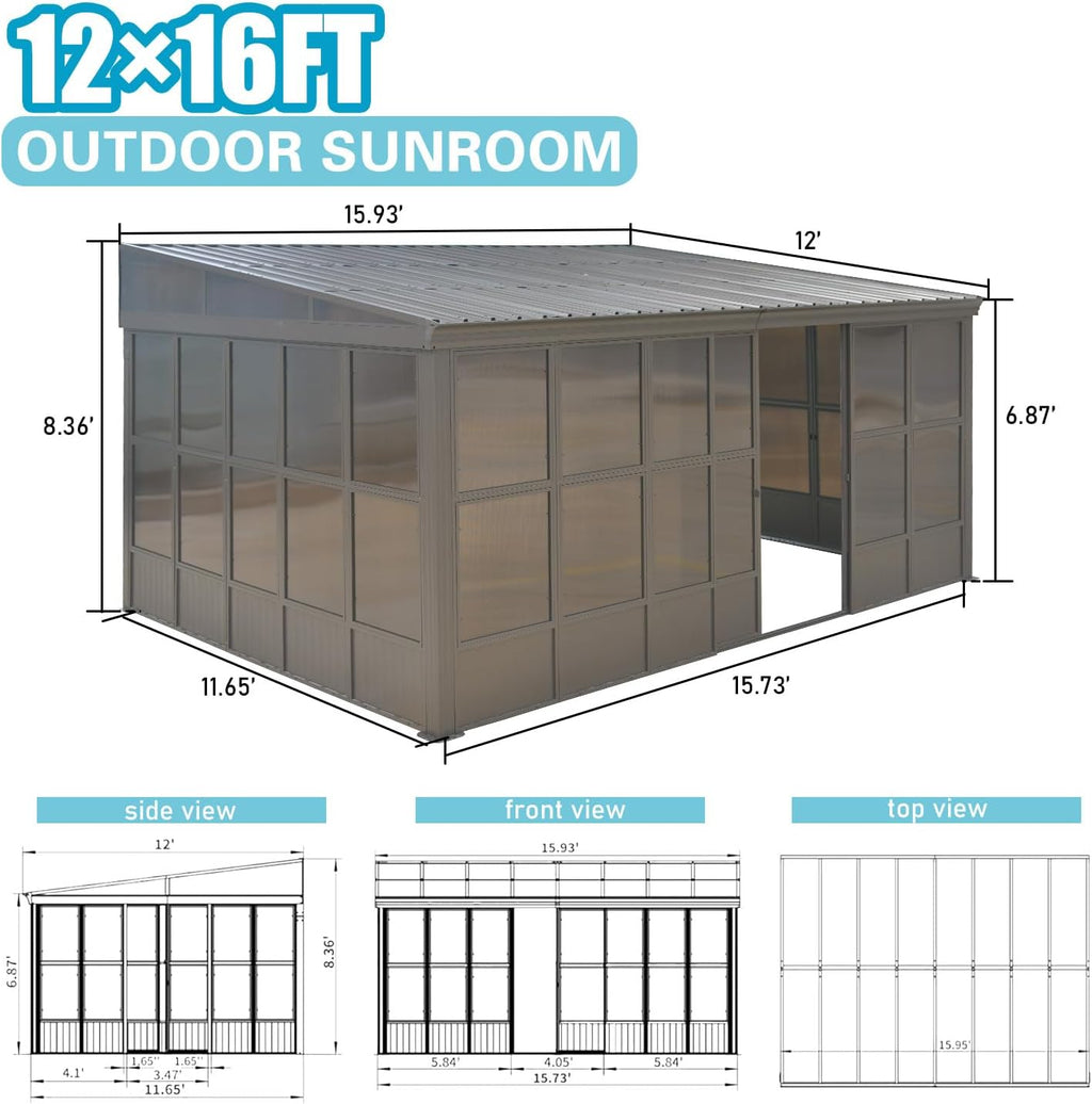 Domi 12x16FT Wall-Mounted Sunroom Gazebo, Aluminum Solarium with Galvanized Steel Sloping Roof, Detachable PC Screens, Front & 2 Side Sliding Doors, Outdoor Sun Room Lean to Gazebo for Patio Deck Lawn