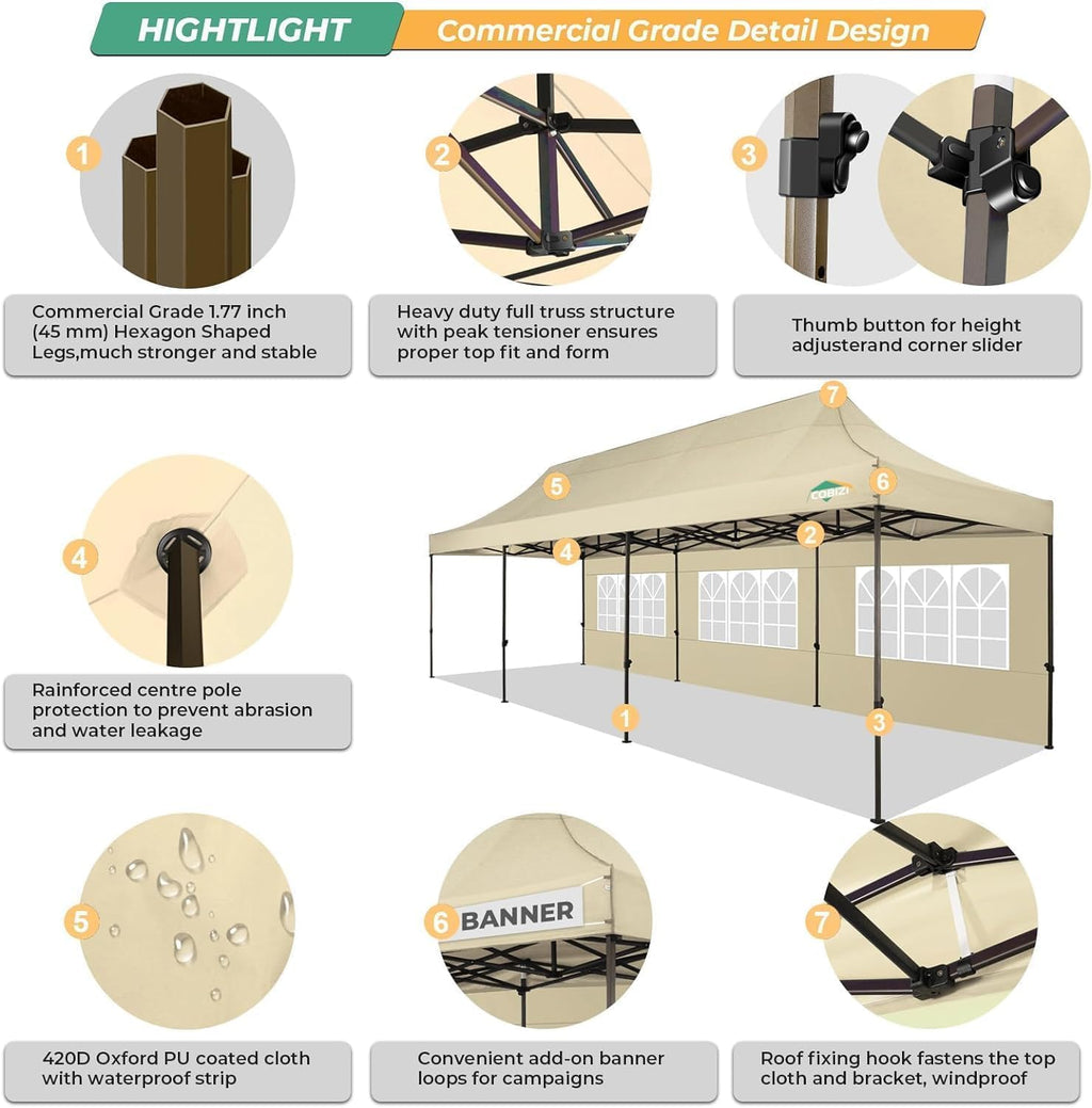 COBIZI 10x30 Heavy Duty Party Tent, Commercial 10x30 pop up Canopy for Parties Waterproof Gazebos with 8 Sidewalls, All Season Wind & Waterproof UPF50+,Stable Thickened Frame, Khaki