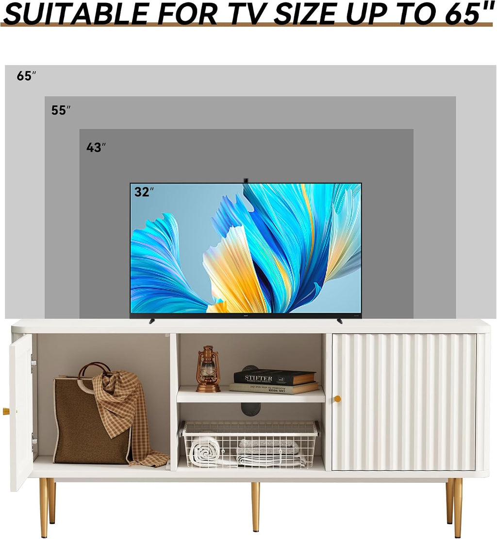 ARTPOWER 55' Fluted TV Stand, Mid Century Modern White TV Stand for 55/60/65 inch TV, Entertainment Center with Storage, Television Stands, TV Console, Media Console for Living Room, Bedroom