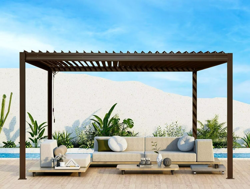 Domi Outdoor Louvered Pergola 10x13FT with Adjustable Steel Roof, Outdoor Aluminum Frame Rainproof Pergola for Backyard, Garden and Lawn,Brown