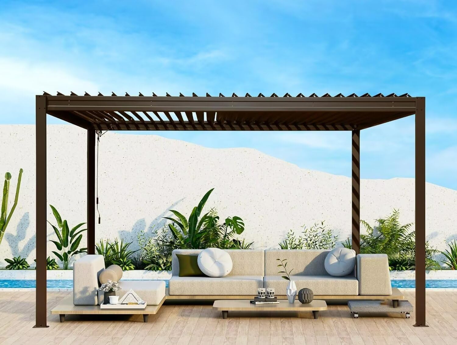 Domi Outdoor Louvered Pergola 10x13FT with Adjustable Steel Roof, Outdoor Aluminum Frame Rainproof Pergola for Backyard, Garden and Lawn,Brown