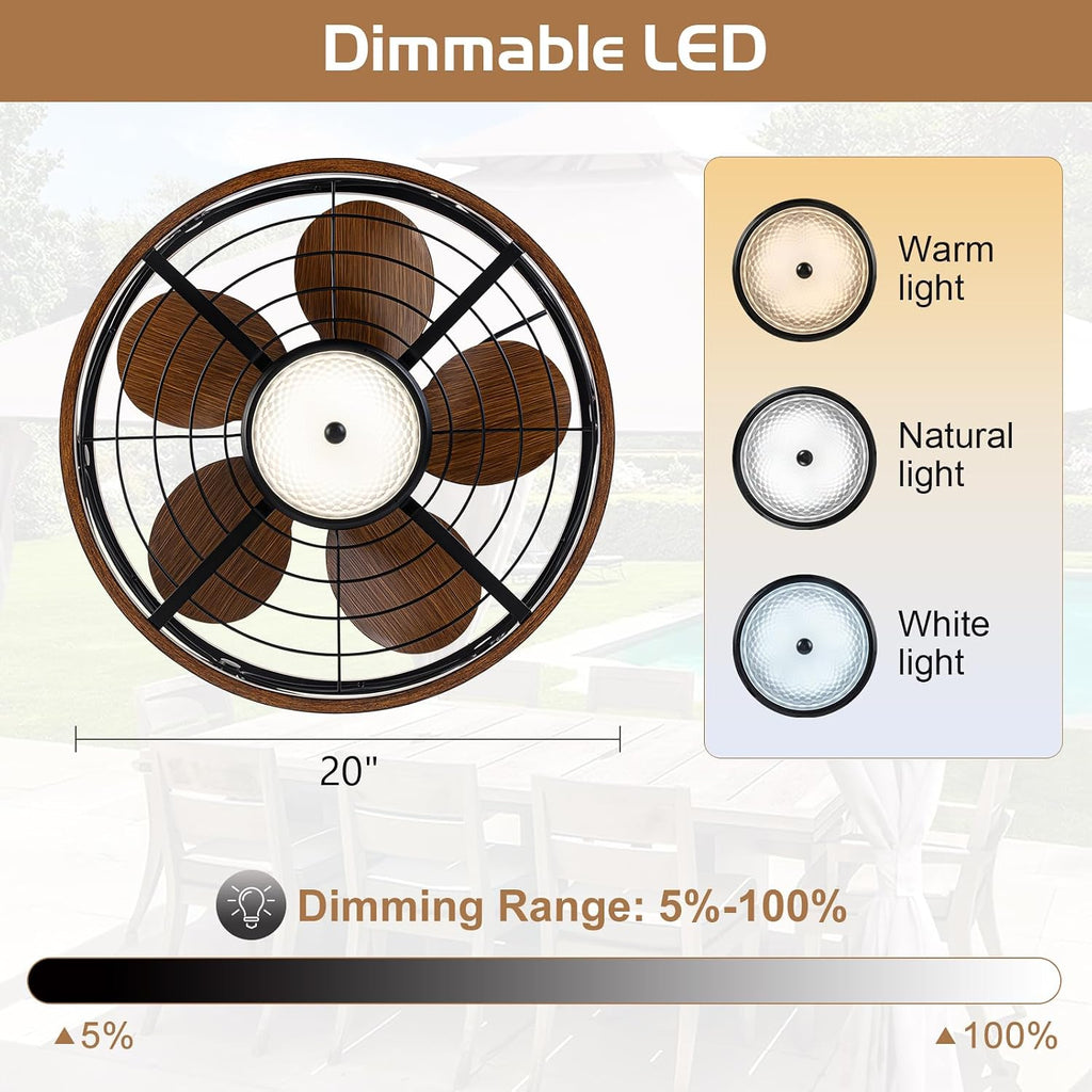 TIFEROR Outdoor Ceiling Fans with Lights and Remote for Patios, 20'' Wet Rated Gazebo Ceiling Fan, Plug in with 3 Color LED Light, Hanging with Hook, Lighting for Pergola Canopy
