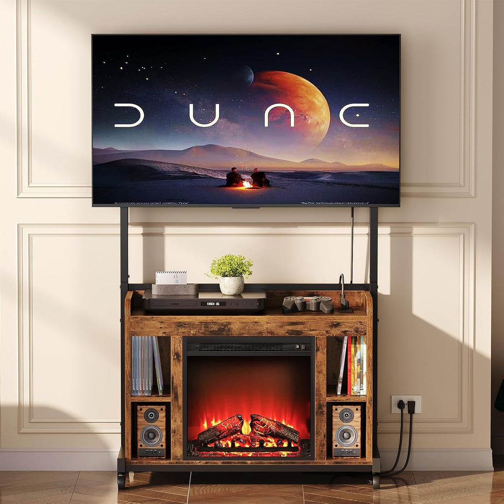 RALGEND Fireplace TV Stand with Mount for 55/60/65/75 inch TVs, Corner Entertainment Center with Power Outlet and 18' Electric Fireplace, Height Adjustable TV Console for Living Room, Rustic and Black