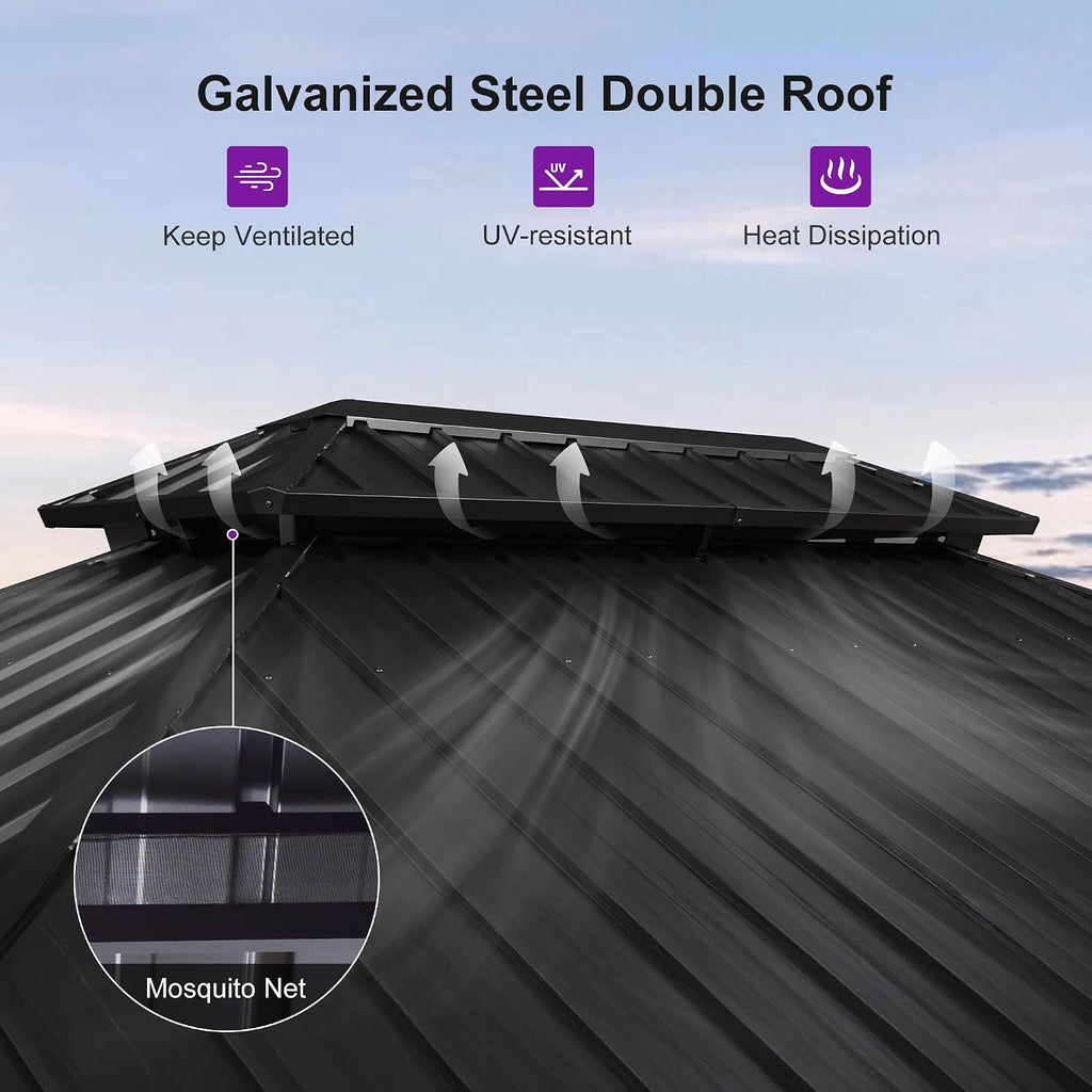 PURPLE LEAF 10' X 14' Hardtop Gazebo Outdoor Wood Grain Aluminum Frame Galvanized Steel Double Roof Gazebos with Netting and Curtains for Patio Deck Backyard Garden