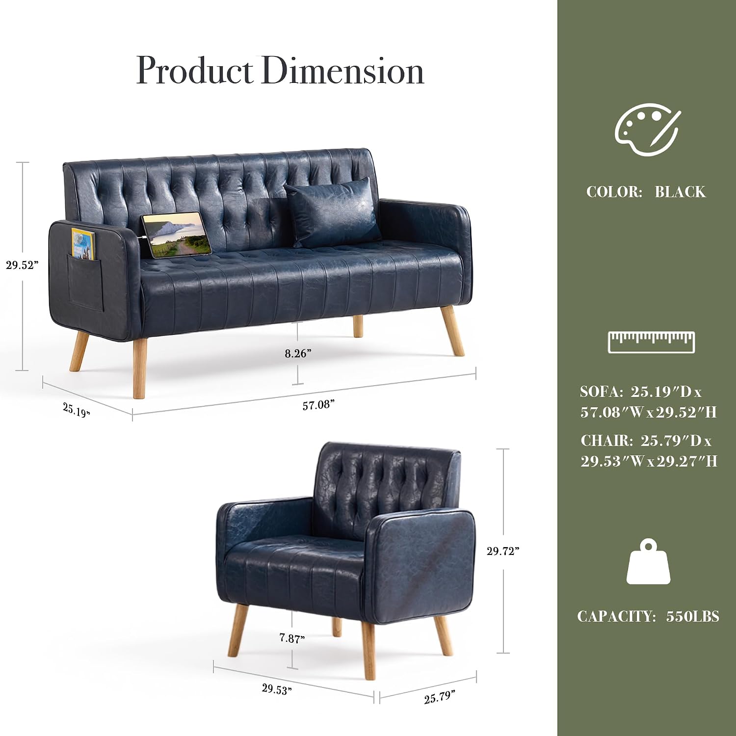 Blue Leather Loveseat and Accent Chair Set of 2, Small Couch w/USB Charging & Pockets, Mid Century Modern Tufted Love Seat and Chair Set, Mini Office Sofa for Living Room, Apartment