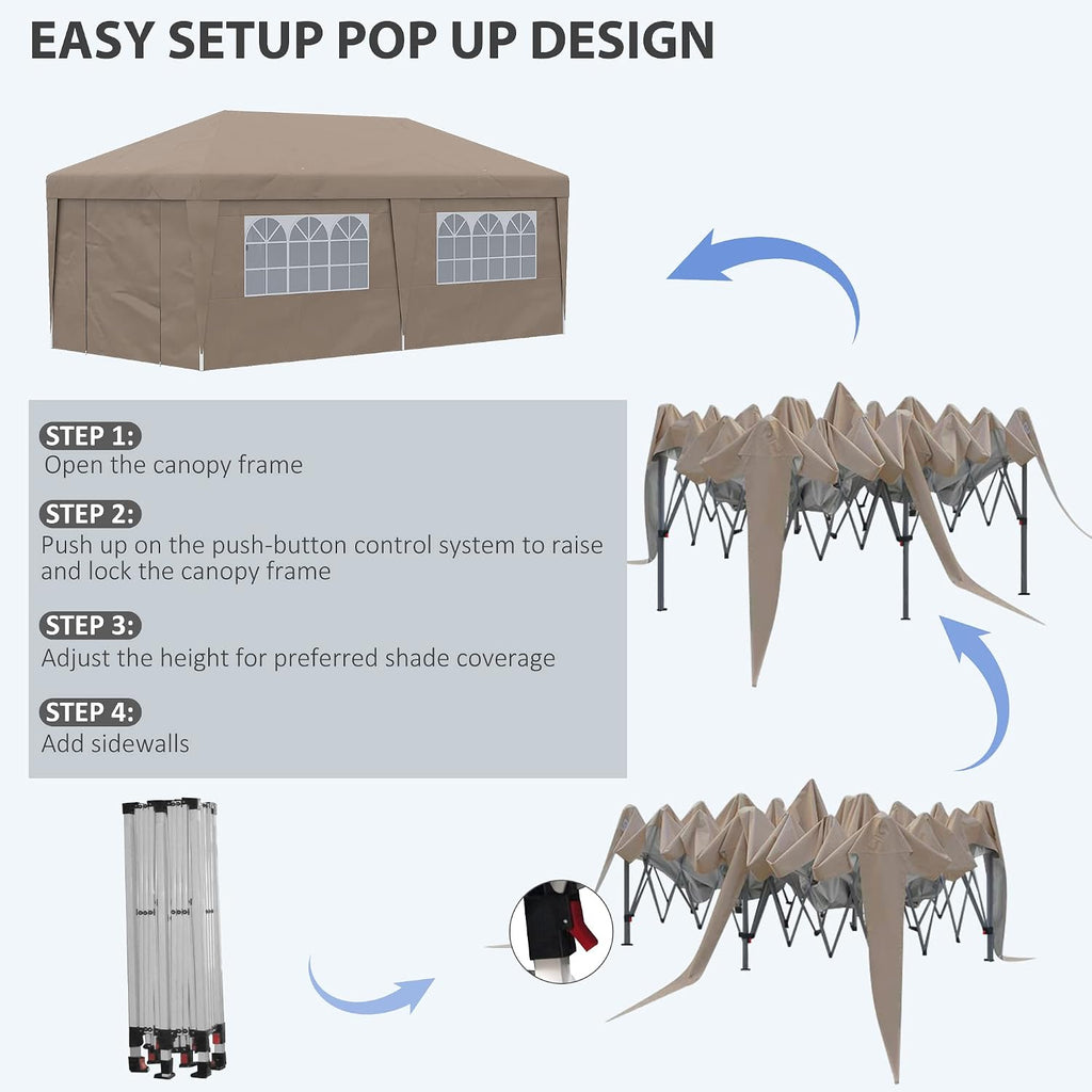 Outsunny 10' x 19.5' Pop Up Canopy with Sidewalls, UPF 30+ Height Adjustable Large Party Tent Event Shelter with Sandbags and Wheeled Carry Bag for Garden, Patio, Brown
