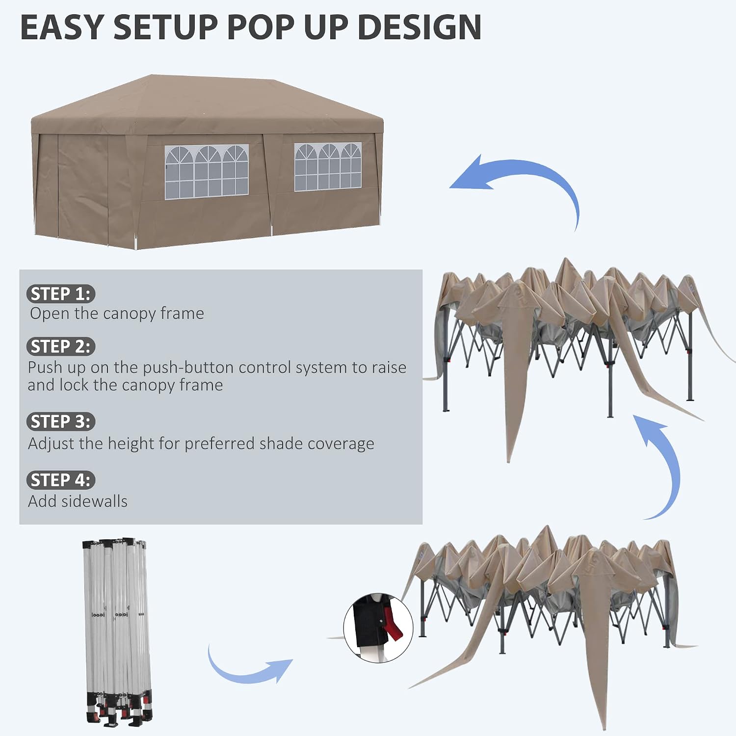 Outsunny 10' x 19.5' Pop Up Canopy with Sidewalls, UPF 30+ Height Adjustable Large Party Tent Event Shelter with Sandbags and Wheeled Carry Bag for Garden, Patio, Brown
