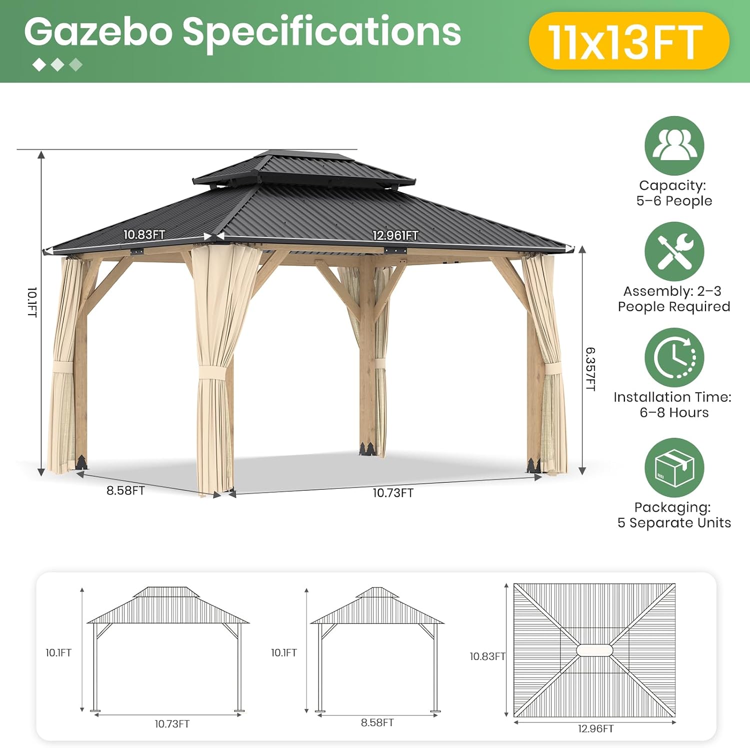 LVUYOYO 11' x 13' Wood Gazebo, Outdoor Hardtop Gazebo, Double Galvanized Steel Roof Gazebos Pergola with Curtains and Nettings, Wooden Pavilion for Patio, Backyard, Deck, Garden