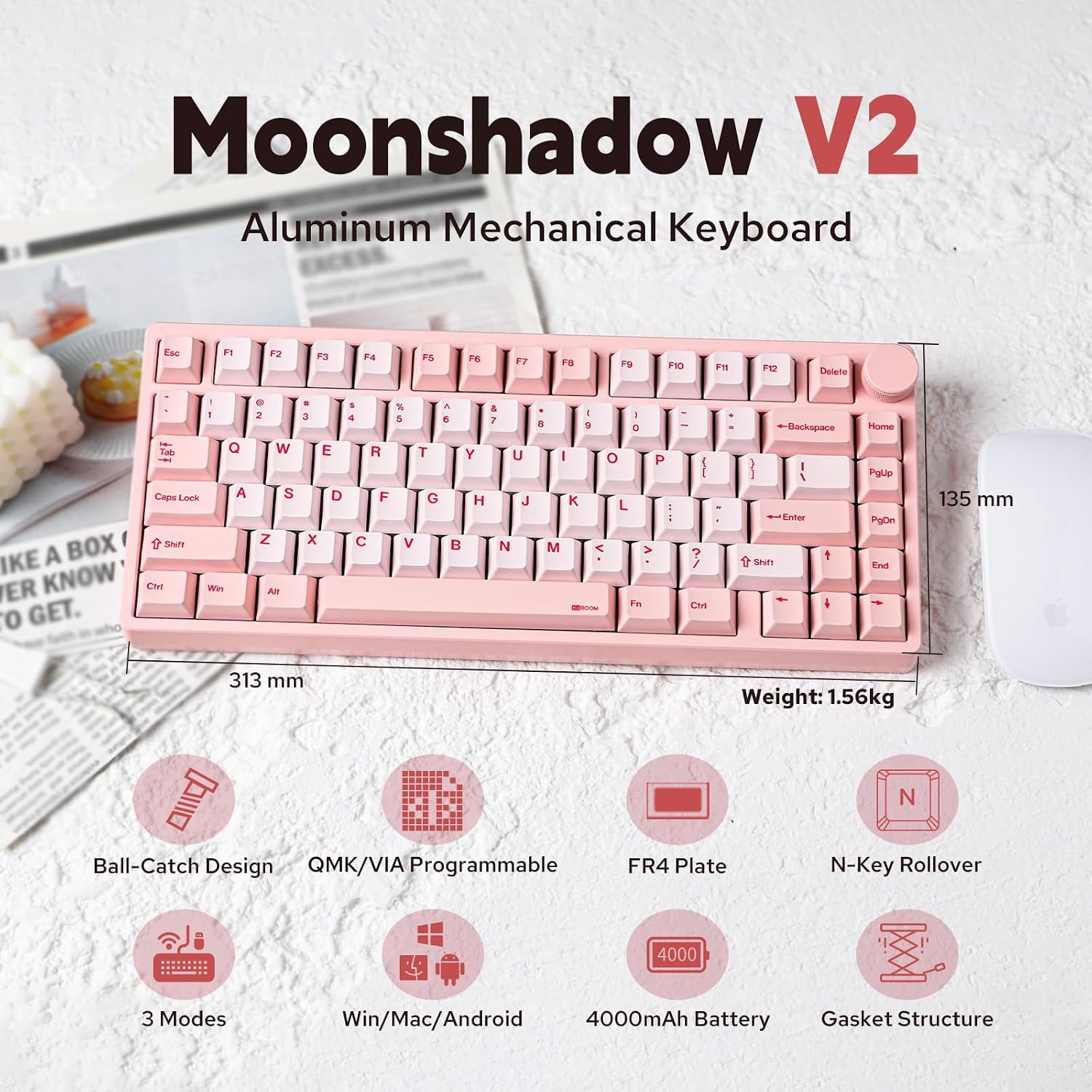 KiiBoom Moonshadow V2 75% Wireless Aluminum Gaming Keyboard, QMK&VIA Programmable, BT5.0/2.4GHz/USB-C, Hot-Swappable Creamy Mechanical Keyboard with FR4 Plate, Knob, 4000mAh Battery (Pink)