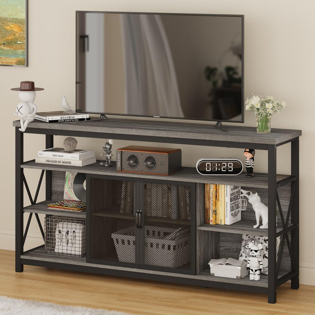 BON AUGURE Tall TV Stand for TVs up to 65 Inch, Industrial Entertainment Center with Storage Cabinet, Rustic Wood Media Console Table for Living Room and Bedroom (32 Inch High, Grey Oak)