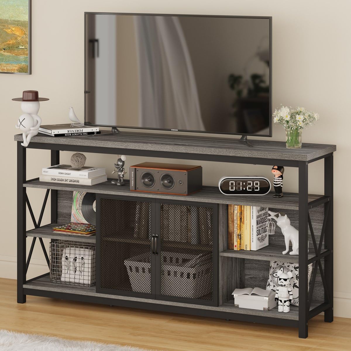 BON AUGURE Tall TV Stand for TVs up to 65 Inch, Industrial Entertainment Center with Storage Cabinet, Rustic Wood Media Console Table for Living Room and Bedroom (32 Inch High, Grey Oak)