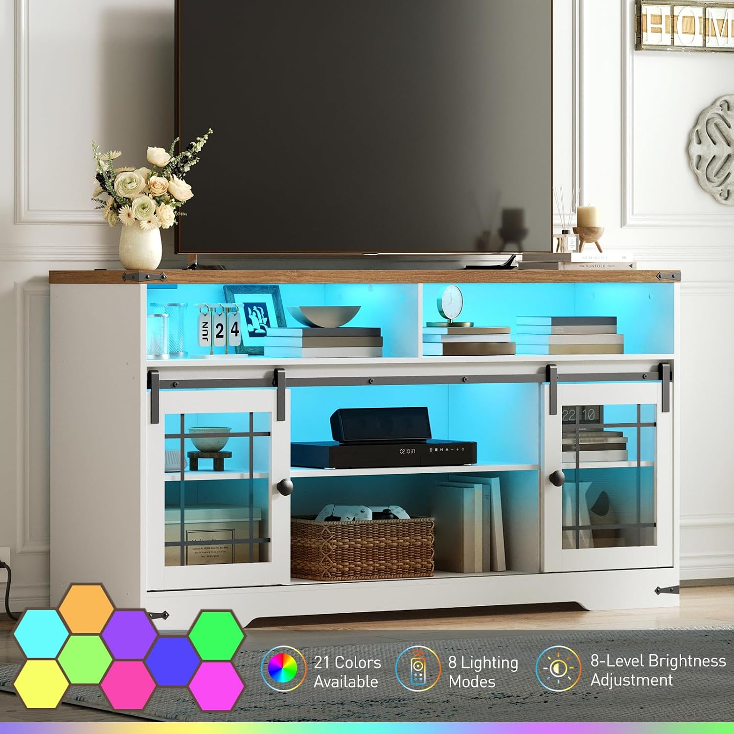 HOOBRO TV Stand for 65 Inch TV, Farmhouse Entertainment Center with LED Lights and Charging Station, Media Console TV Cabinet with Adjustable Shelves and Glass Doors for Living Room, White and Walnut