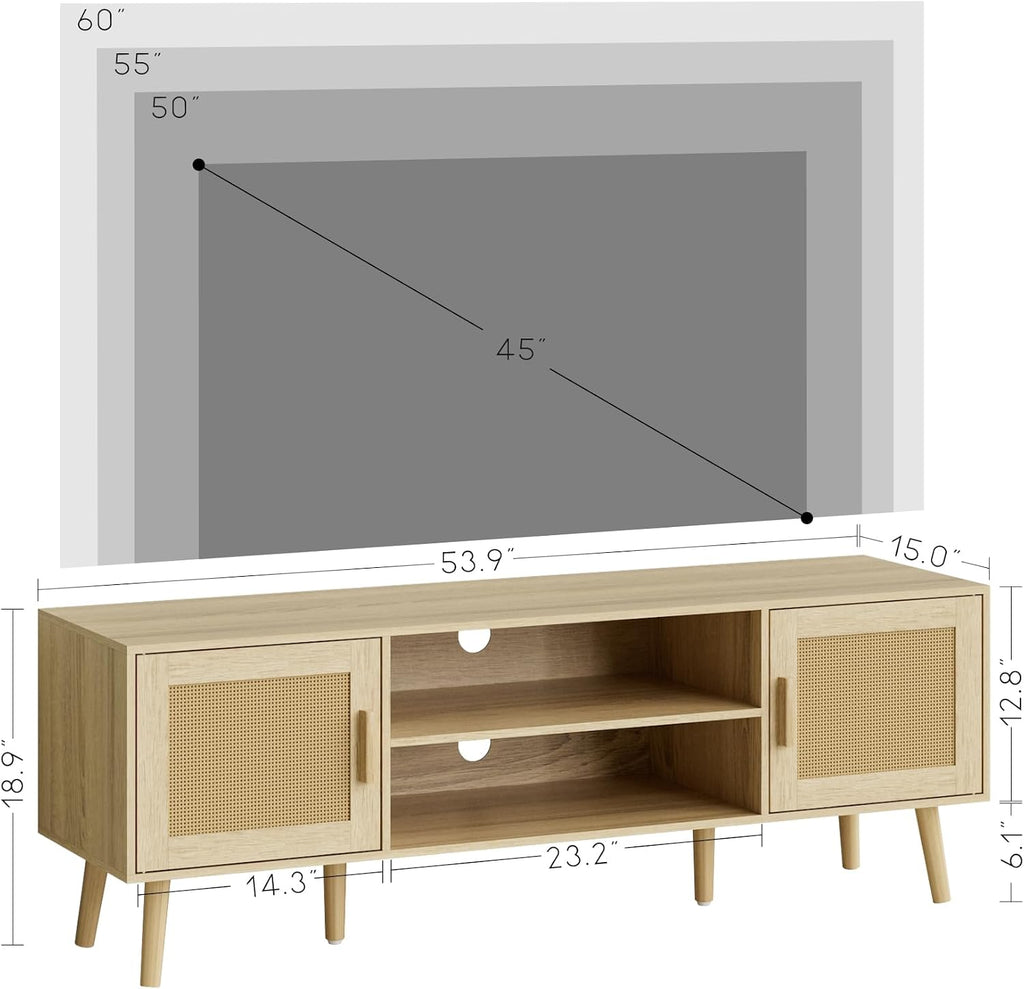 TV Stand for 55-65inch TV, Rattan Entertainment Center with Soft Hinge Door,TV Console Table with 2 Cabinets with Gold Handle and Feet,for Living Room, Bedroom, Natural