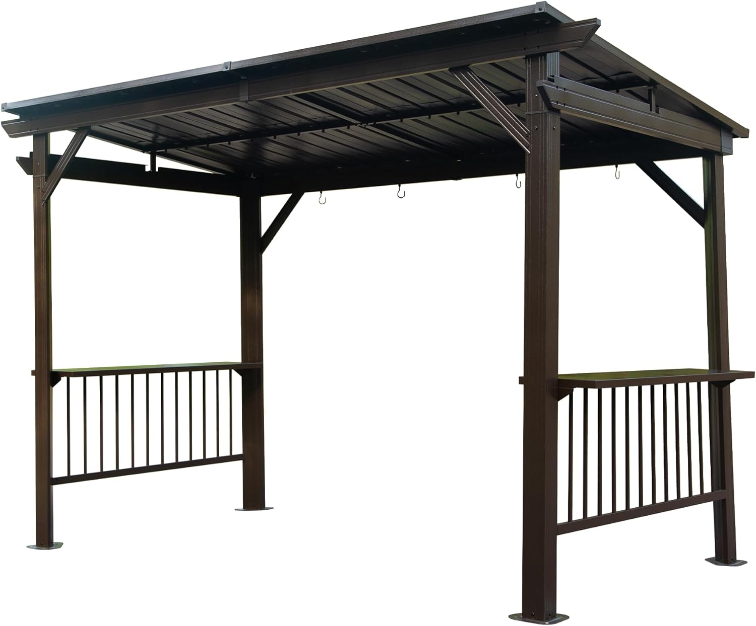 6.5x12FT Hardtop Grill Gazebo, Outdoor BBQ Gazebo with 2 Side Shelves and Sloping Galvanized Steel Roof, Metal Permanent Grill Canopy with Ceiling Hooks for Patio, Lawn, Backyard, Deck, Brown