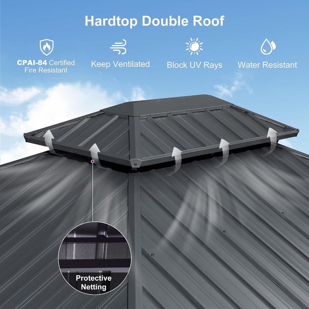 PURPLE LEAF 10'x12' Hardtop Gazebo with Lights UV-Protected Aluminum Double Roof Galvanized Steel Frame Outdoor Patio Gazebo Including Netting and Curtains for Deck Garden Backyard Grey