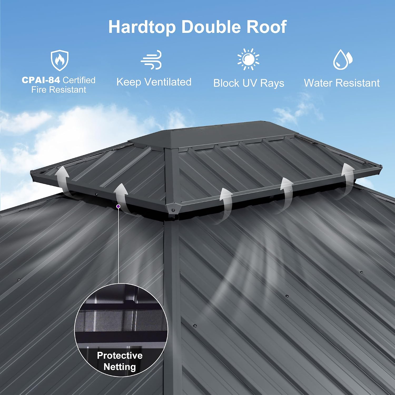 PURPLE LEAF 10'x12' Hardtop Gazebo with Lights UV-Protected Aluminum Double Roof Galvanized Steel Frame Outdoor Patio Gazebo Including Netting and Curtains for Deck Garden Backyard Grey
