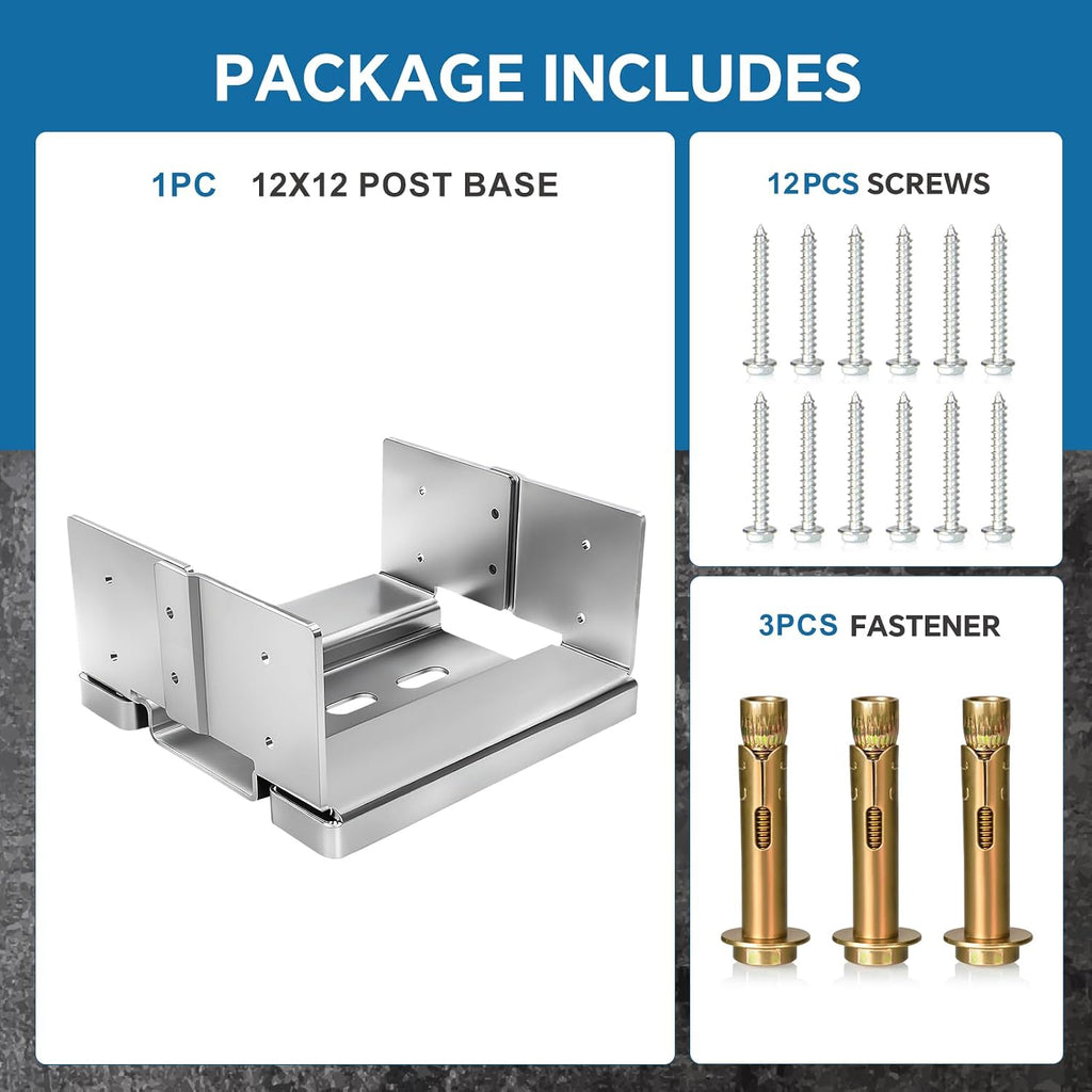 12x12 Post Base for Concrete: 1 Pack Galvanized Post Deck Base Anchor for 11.5x11.5 Wood, Post Base Holder with 1' Standoff for Deck Gazebo Pergola Porch, Includes 3 Fastener & 12 Screws
