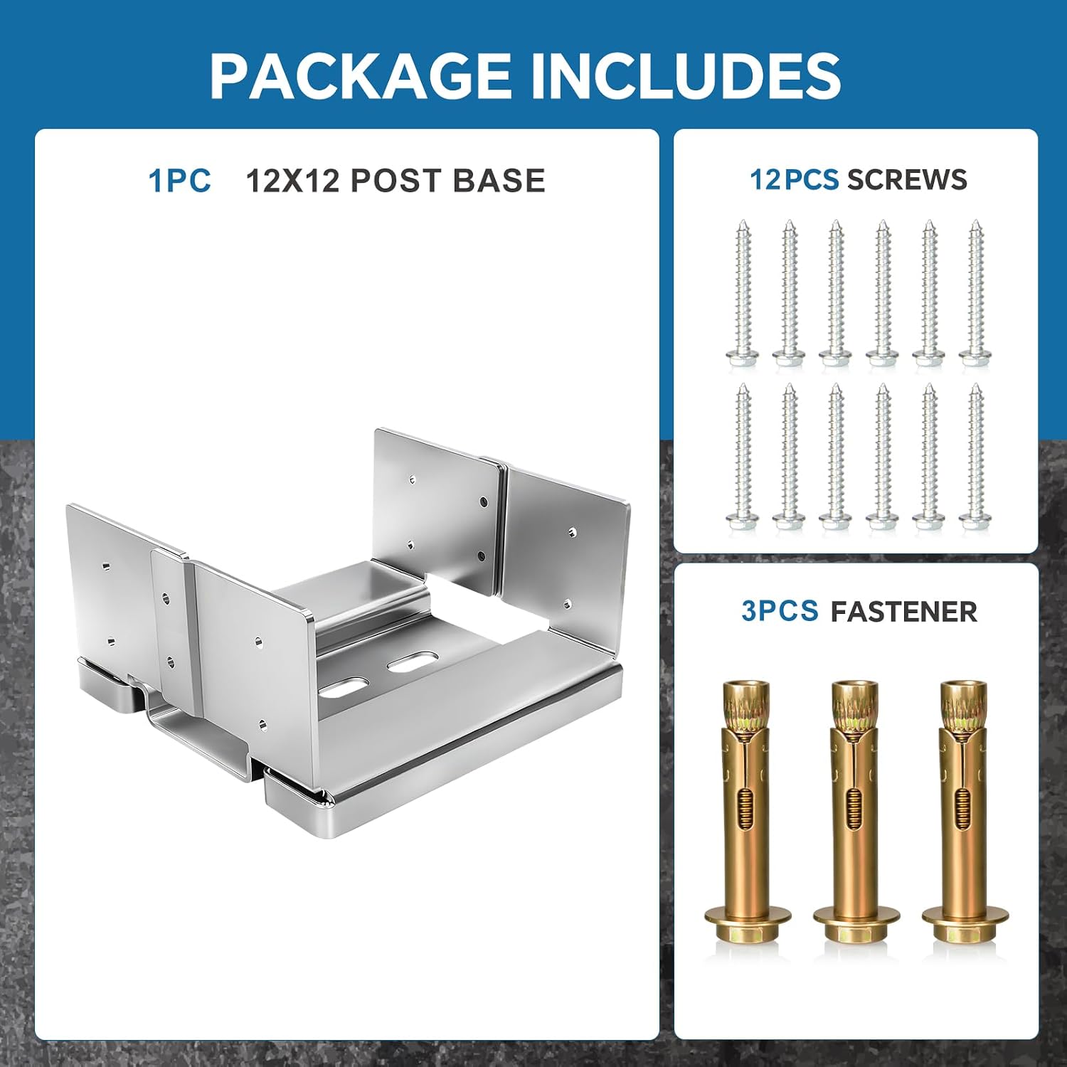 12x12 Post Base for Concrete: 1 Pack Galvanized Post Deck Base Anchor for 11.5x11.5 Wood, Post Base Holder with 1' Standoff for Deck Gazebo Pergola Porch, Includes 3 Fastener & 12 Screws
