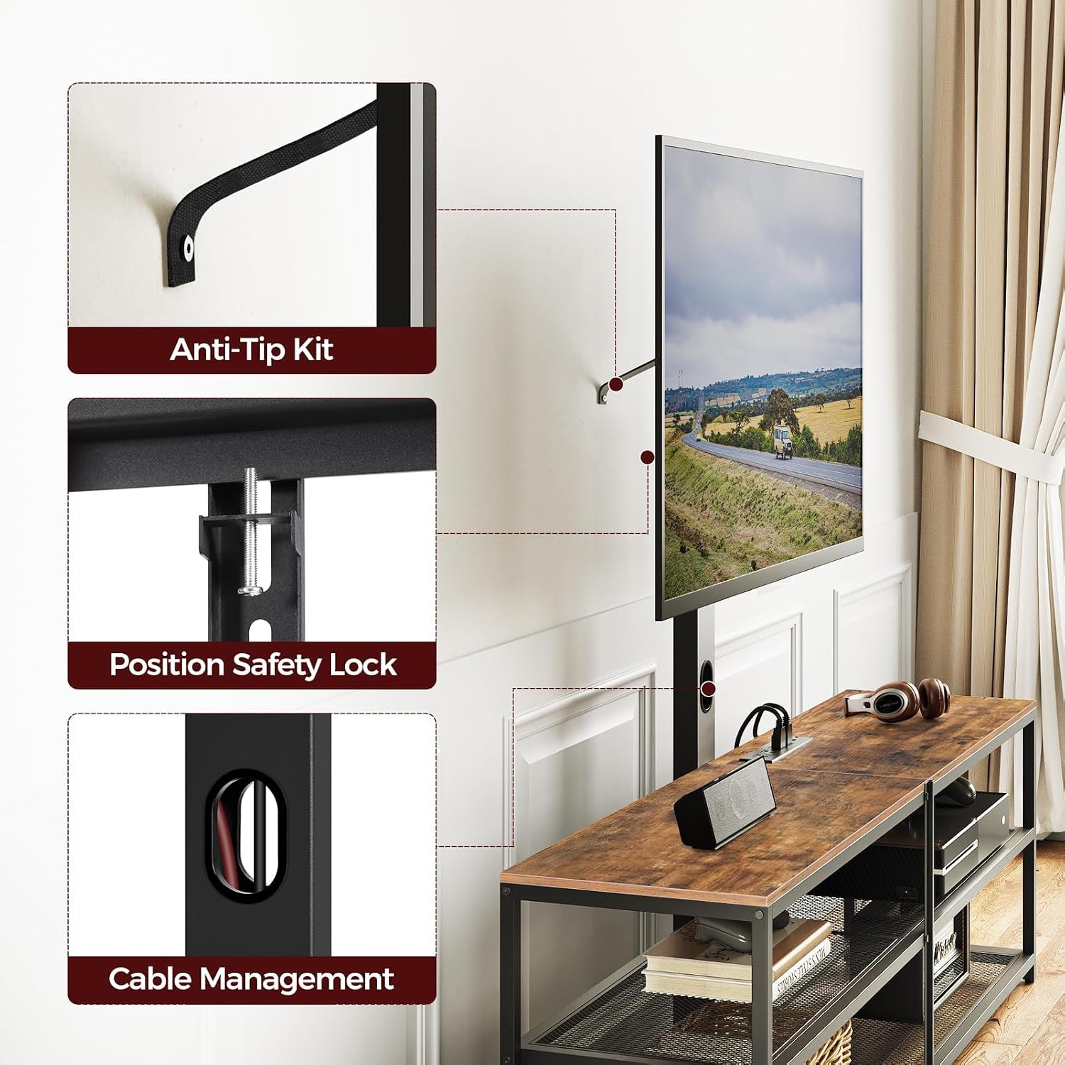 MAHANCRIS 59' TV Stand with Mount and 4 Power Outlets, Entertainment Center Media Console, Swivel TV Stand Mount up to 75 inch TVs, Height Adjustable, Metal Frame for Living Room, Bedroom TVHR35E01V
