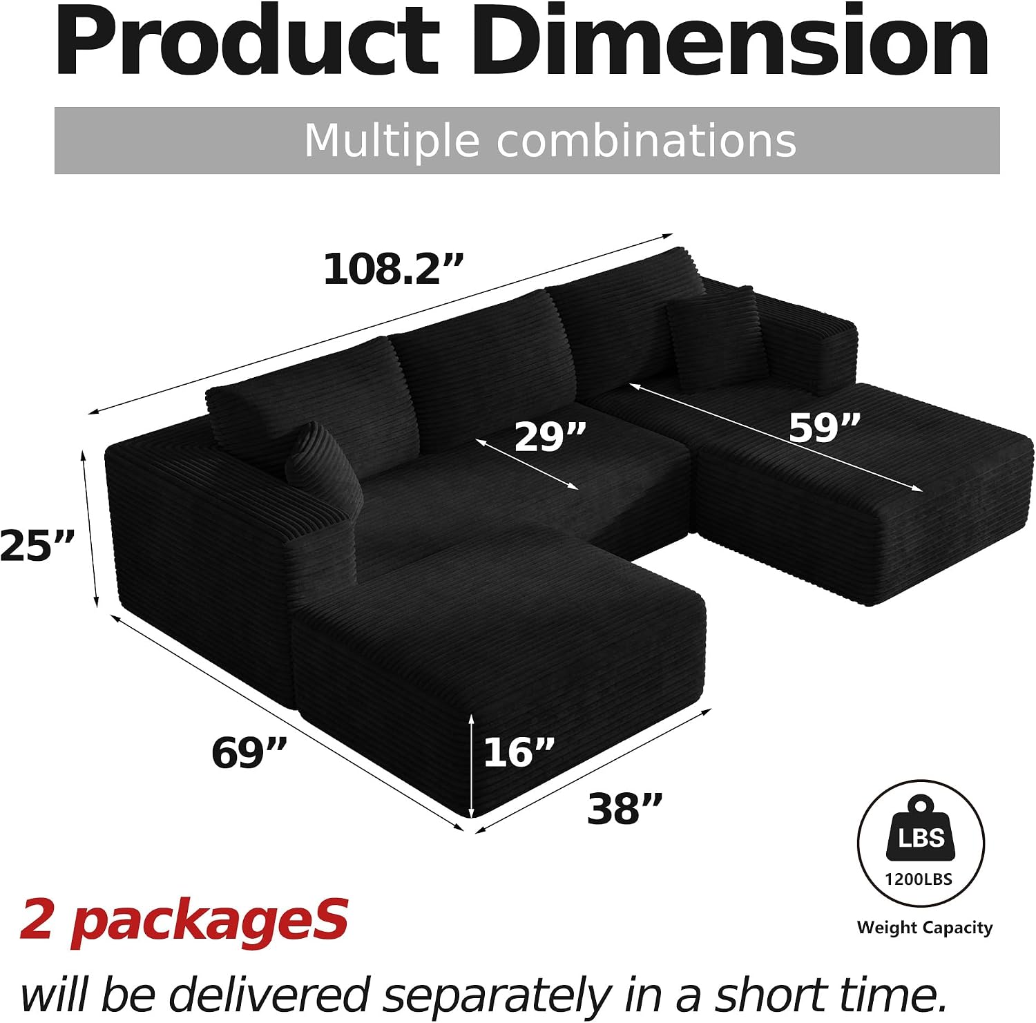 CHORRO107''Sectional Cloud Couch for Livingroom,Modular Corduroy Boneless Couch, U-Shaped Sofa with Chaise and Pillows,4-Deep Seat Sectional Sofa with 2 Ottoman,No Assembly(Black)