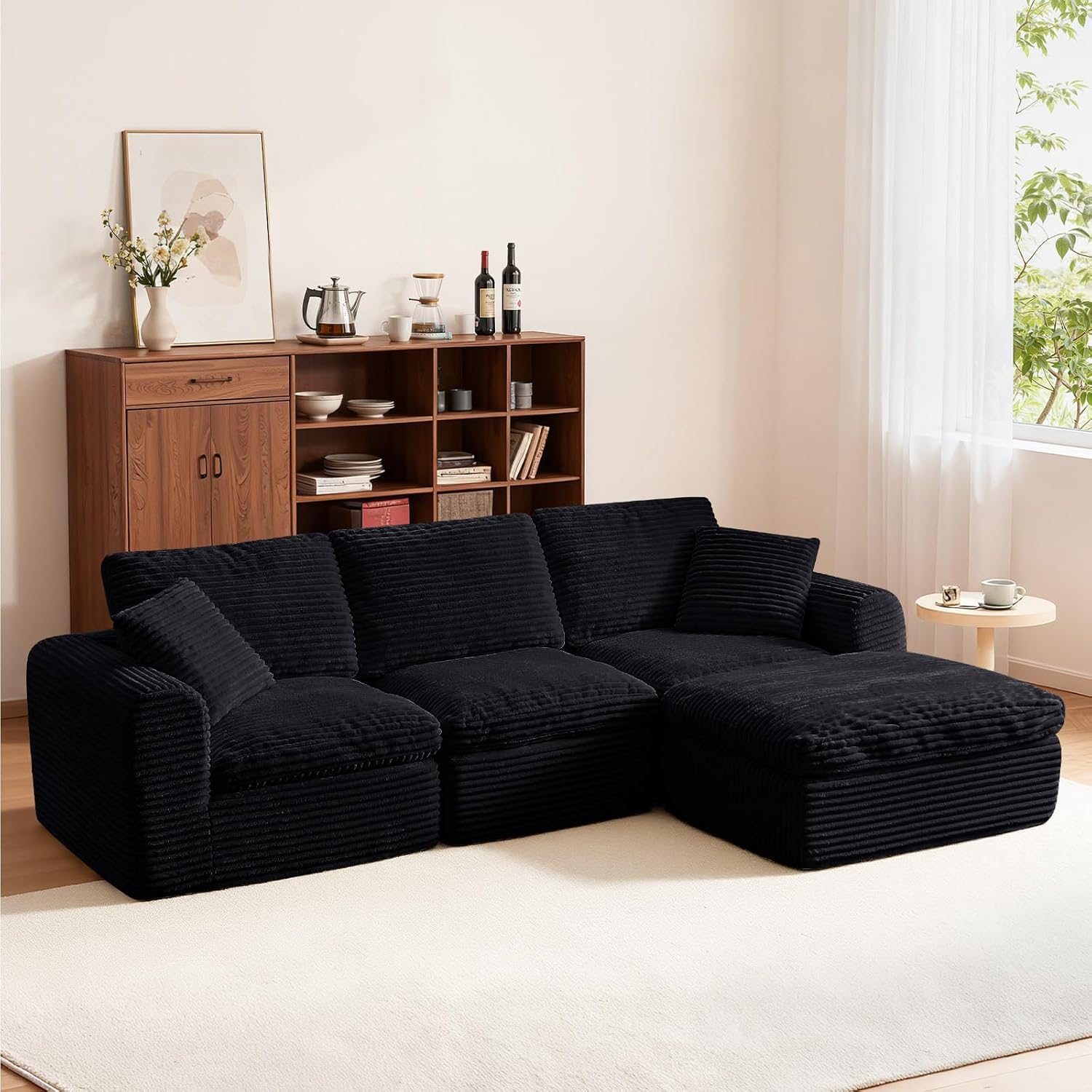 108' Modular Sectional Sofa Couches L Shaped Couch 3 Seater Cloud Sofa Memory Foam Sectional Couches for Living Room, Boneless Couch with Ottoman, Corduroy, Black